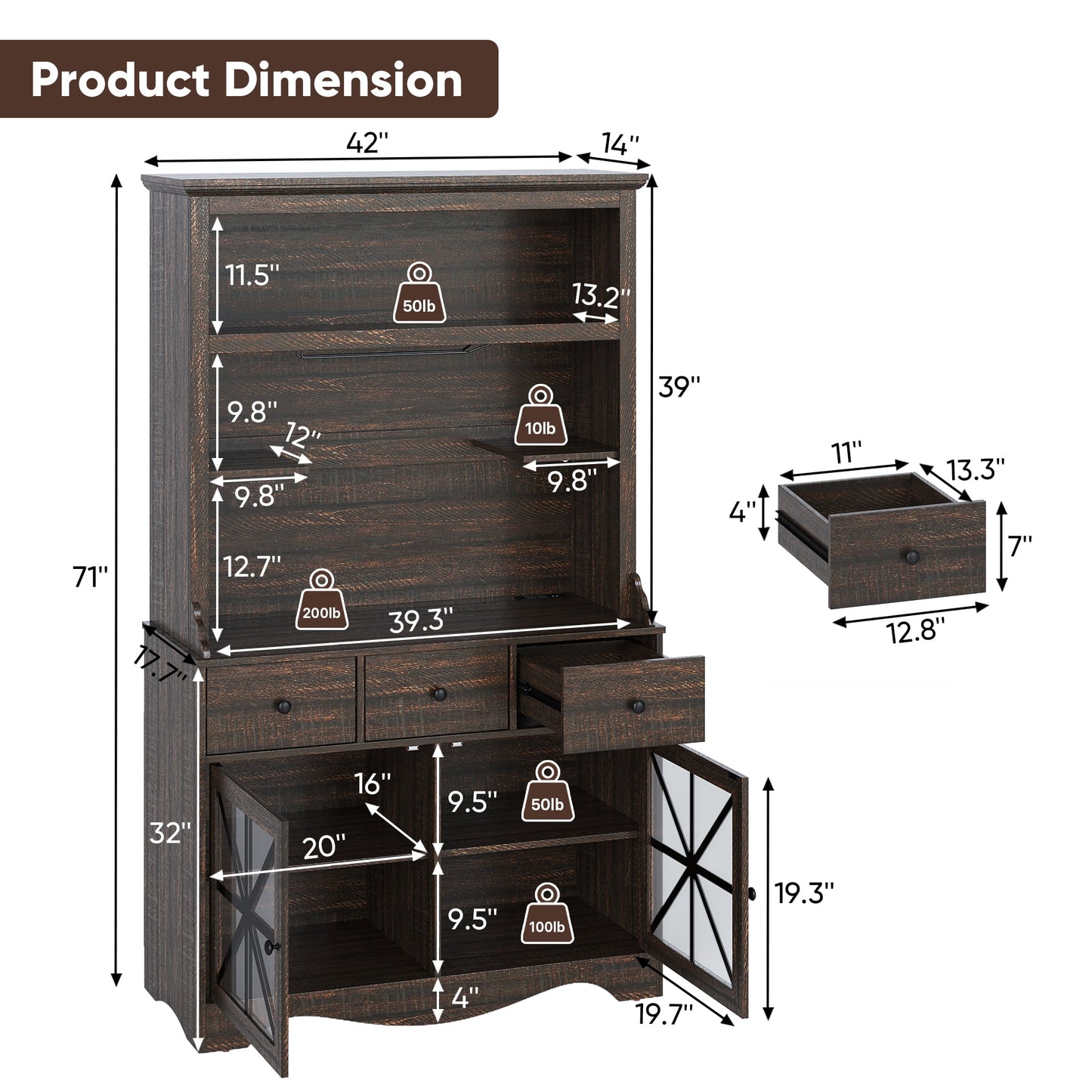 Royalcraft 71'' Tall Farmhouse Bar Cabinet, Retro Buffet Cabinet with Charge Station & LED Lights, Liquor Cabinet Bar with Wine Bottle Rack & Glass Doors for Kitchen, Dining Room, Living Room, Brown