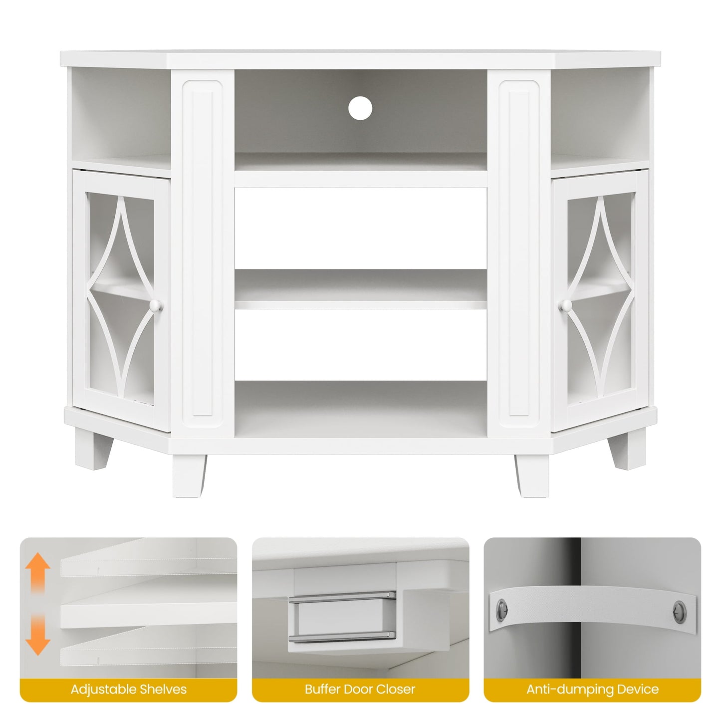 RoyalCraft Corner TV Stands for TVs up to 55'', Media Console Table with Adjustable Shelves, Acrylic Doors with Double-Diamond Design, Wood Modern Entertainment Center for Living Room Bedroom, White