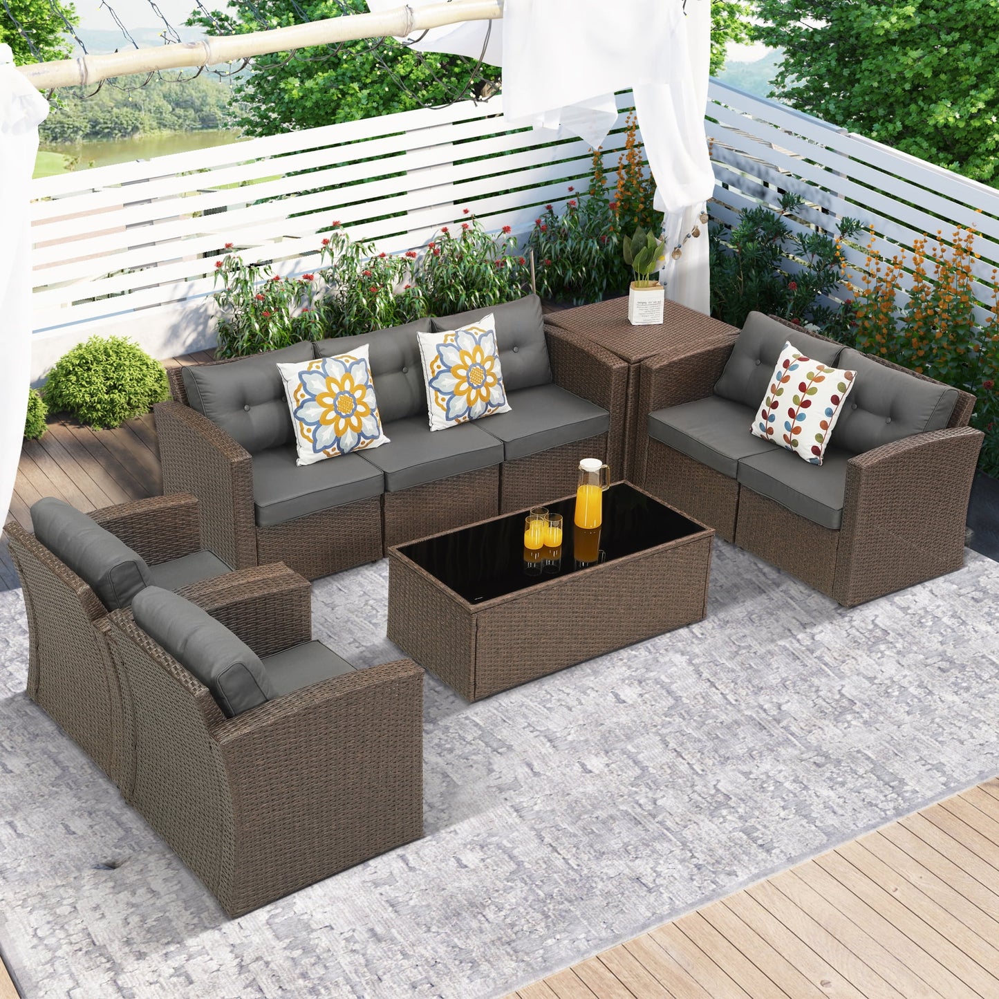 Royalcraft Outdoor Patio Furniture Set,10 Pieces Outdoor Sectional Wicker Sofa PE Rattan Conversation Sets with Dining Table,Aluminum Frame,Brown