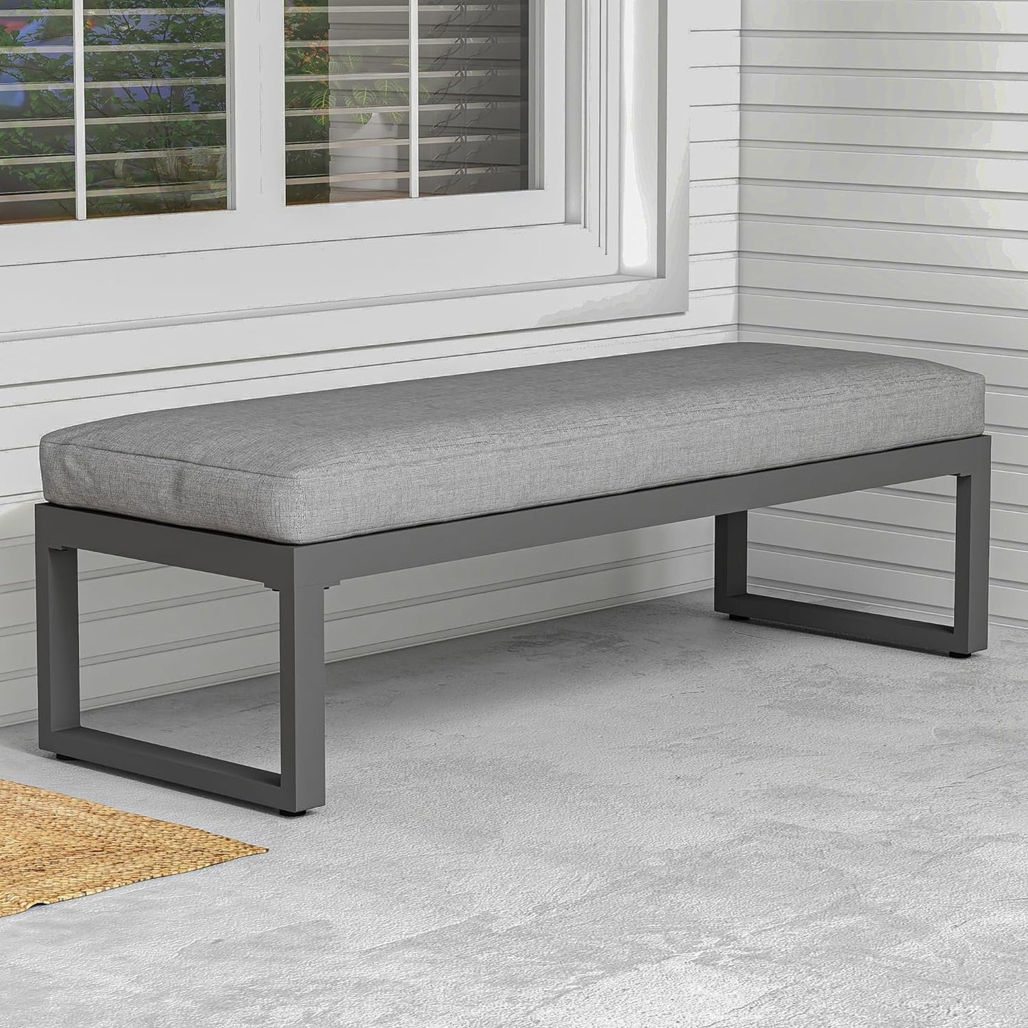 Royalcraft Aluminum Outdoor Patio Bench, Upholstered Bench with Thick Cushion for Porch Balcony Backyard, Grey