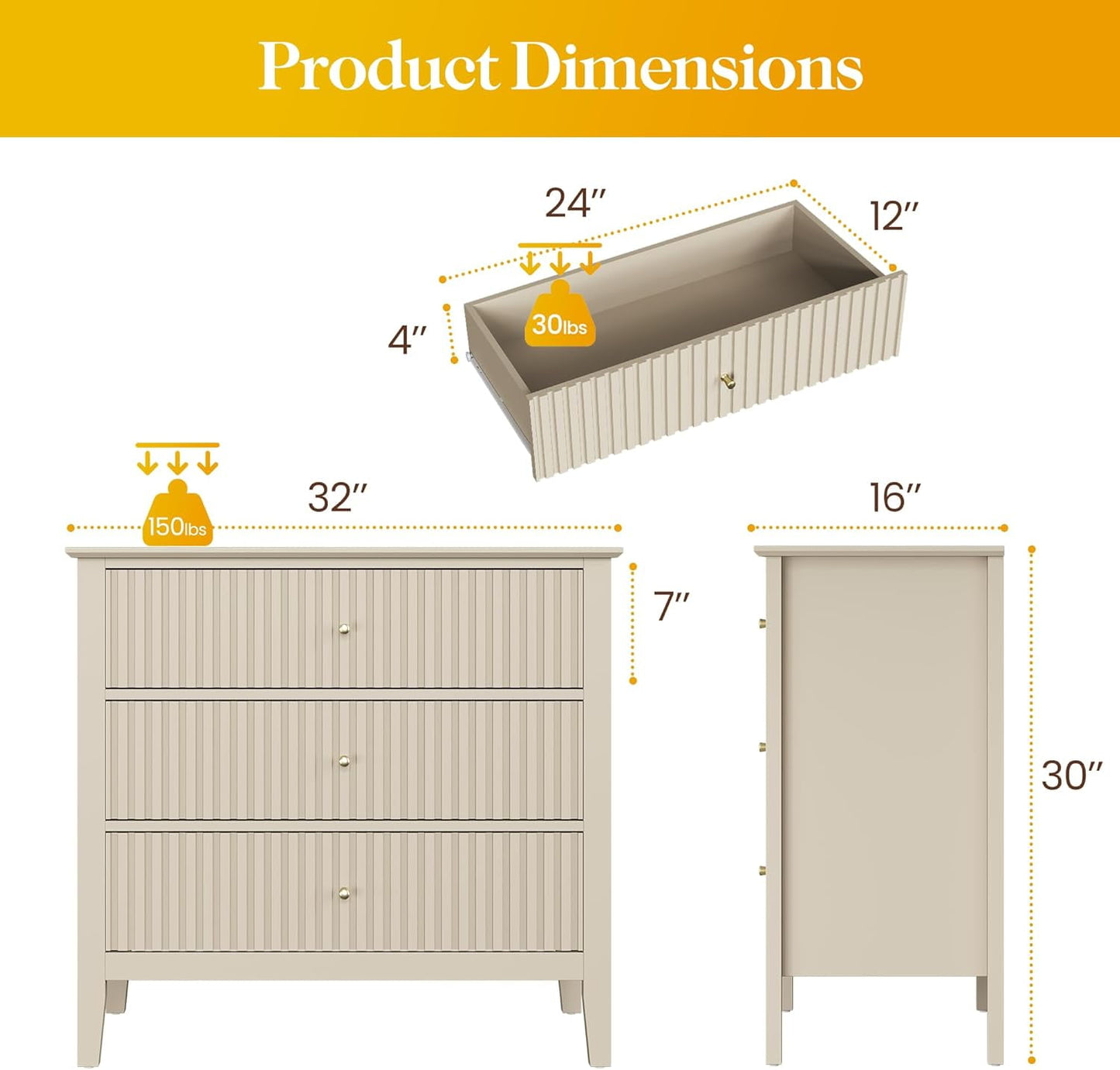 Mayincolor Large Fluted 3 Drawer Dresser set of 2, Wide Chest of Drawers with Modern Nightstand Cabinet Wood Dresser with Spacious Storage for Bedroom,Living Room,Beige