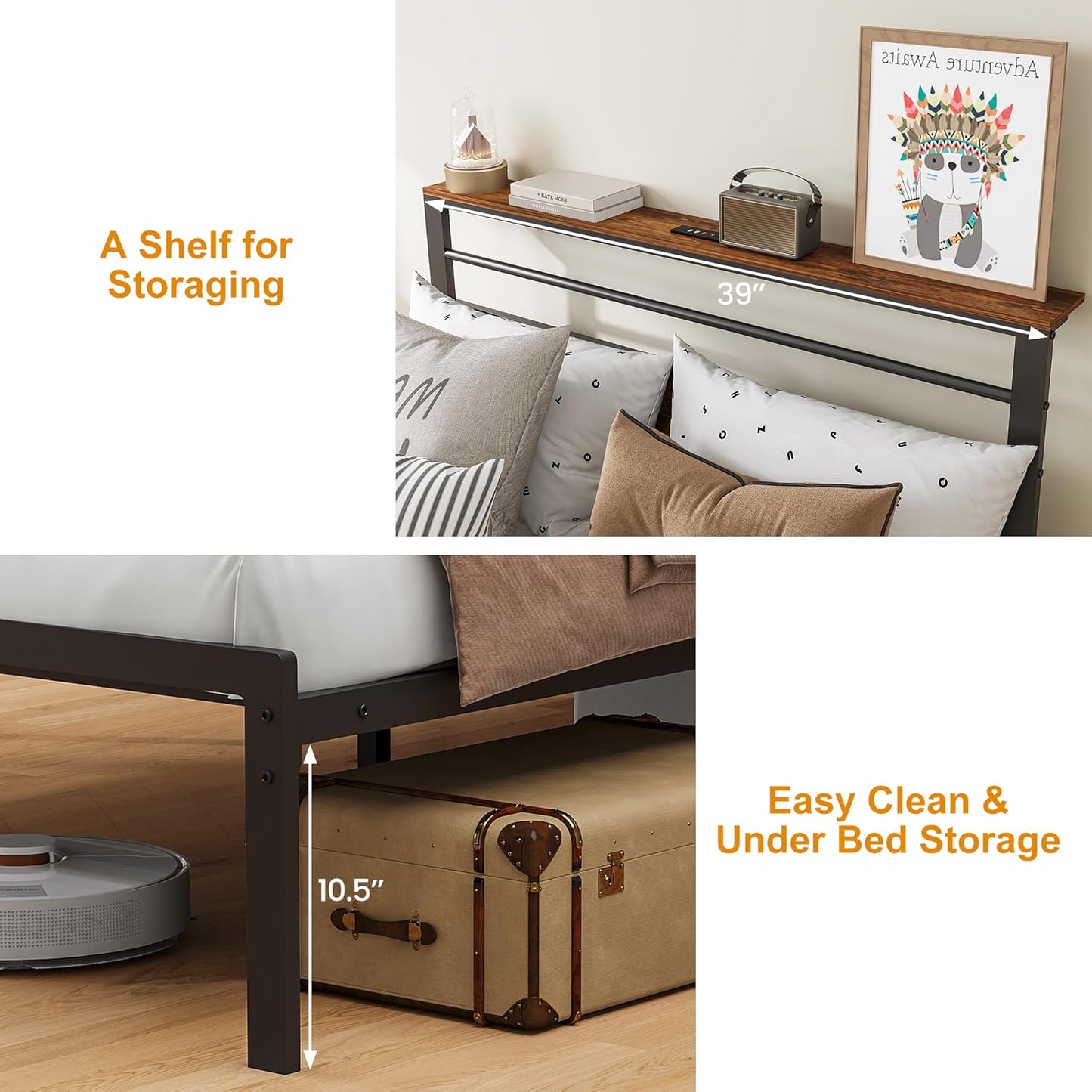 Royalcraft Bed Frame: Industrial Platform Bed w/ Wood Headboard, Storage Shelves, LED lights, and Steel Slats, No Box Spring Needed, Easy Assembly