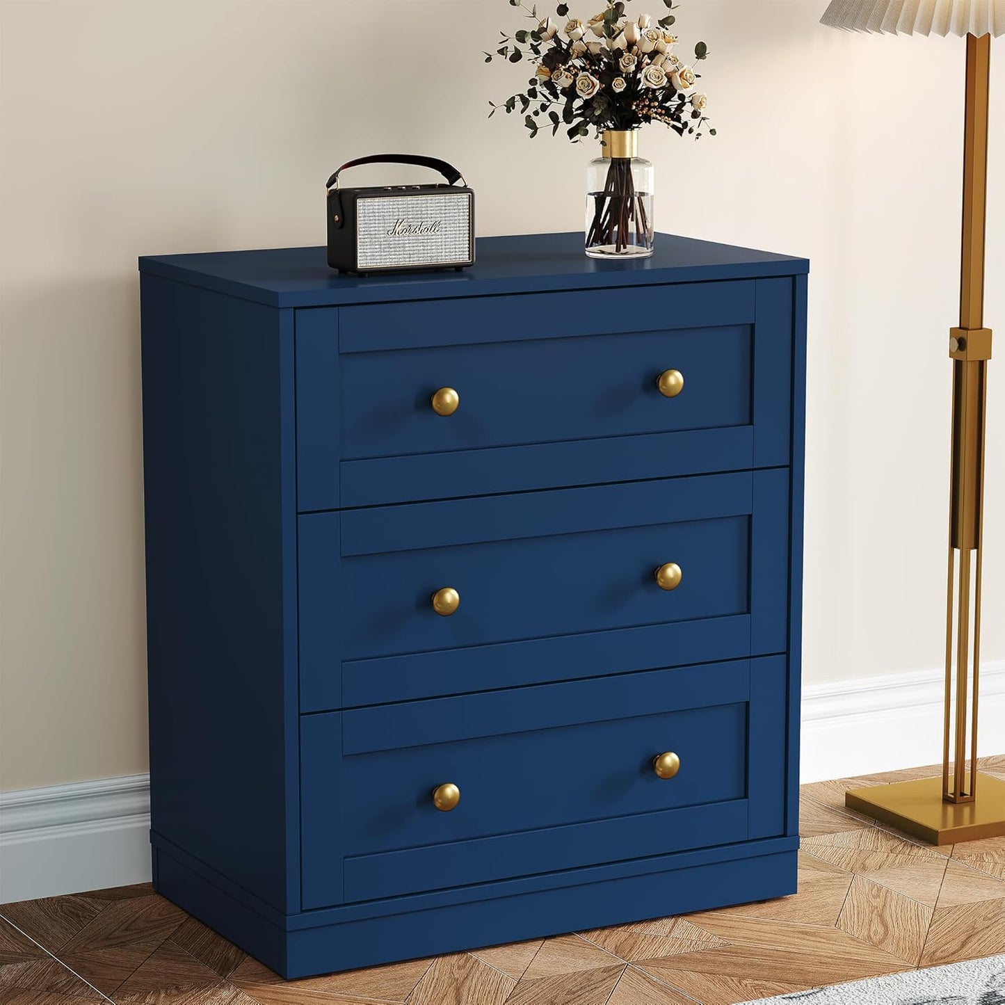 Royalcraft 3-Drawer Nightstand, Spacious Bedside Table with Gold Round Knobs, Modern Wooden End Table, Accent Chest of Drawers for Bedroom, Living Room, Hallway, or Closet