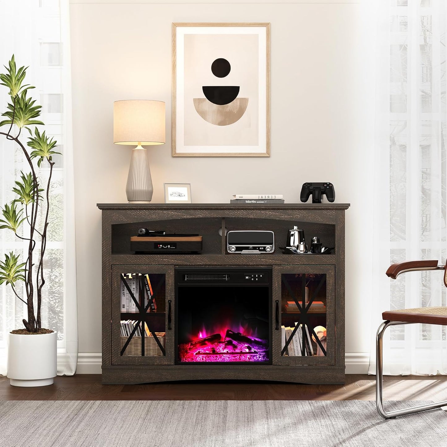 Royalcraft 47'' Farmhouse TV Stand with Fire Place, Retro TV Console with Glass Doors, Media Entertainment Center with Adjustable Shelves for 18'' Fireplace, Suitable for Living Room