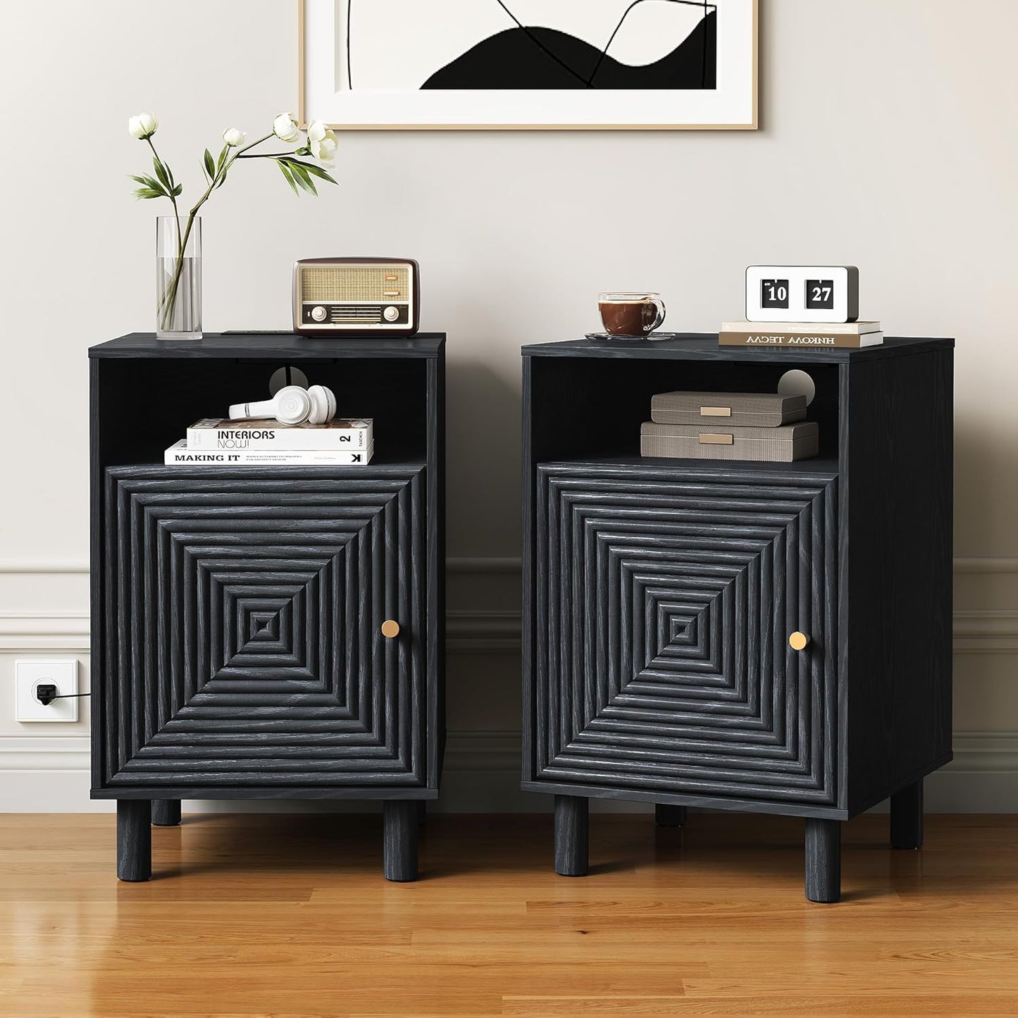 Royalcraft Nightstand Set of 2, Modern Side Table with Charging Station,  Accent End Table with Solid Wood Legs, Bedside Table for Living Room, Bedroom, Entryway
