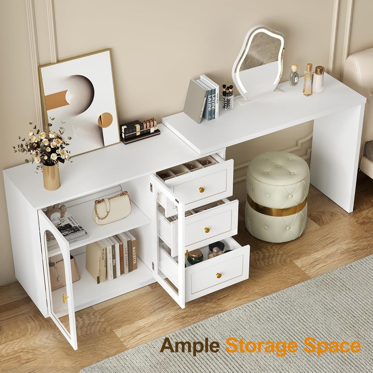 RoyalCraft 83¡± Large Extendable Makeup Vanity Desk, Corner Vanity Table with 3 Drawer & 2 Door, Modern Dressing Table and Chest of Drawers Combo, Accent Vanity for Bedroom, Dressing Room