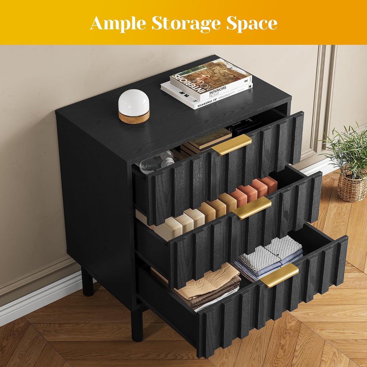 Royalcraft 3 Drawer Dresser, Modern Chest of Drawers with Fluted Panel Design, Wooden Storage Nightstand Side Table with Chic Edge Pull, Perfect for Bedroom, Living Room, Entryway