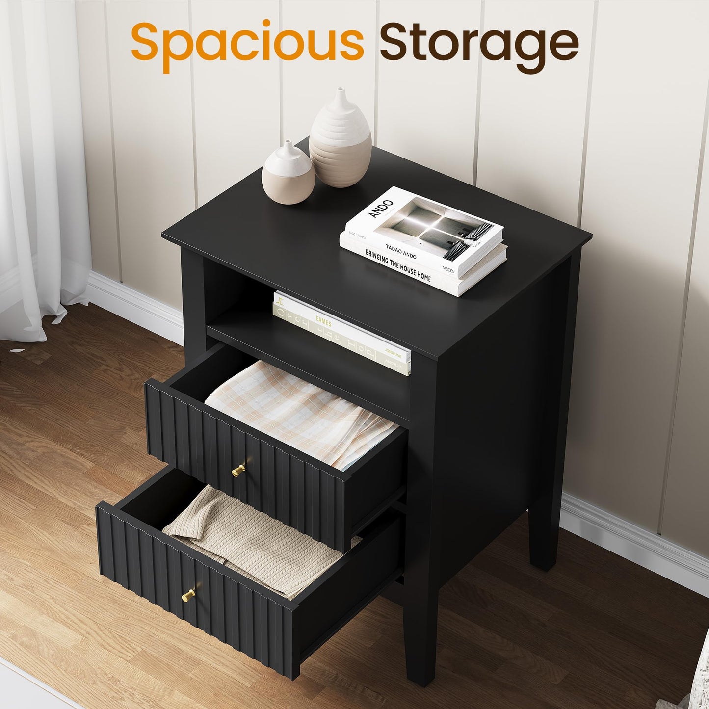 RoyalCraft Fluted Nightstand with 2 Drawers, Modern Wooden Sofa Table with Storage for Small Spaces, Tall End Table for Bedroom, Living Room, Couch Coffee Table