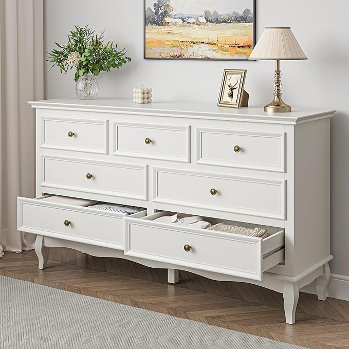 Royalcraft Dresser for Bedroom, Modern 7 Drawer Dresser with Solid Wood Legs and Painted Finish, White Chest of Drawers, Wooden Storage Closet Cabinet Organizer for Nursery, Living Room, Hallway