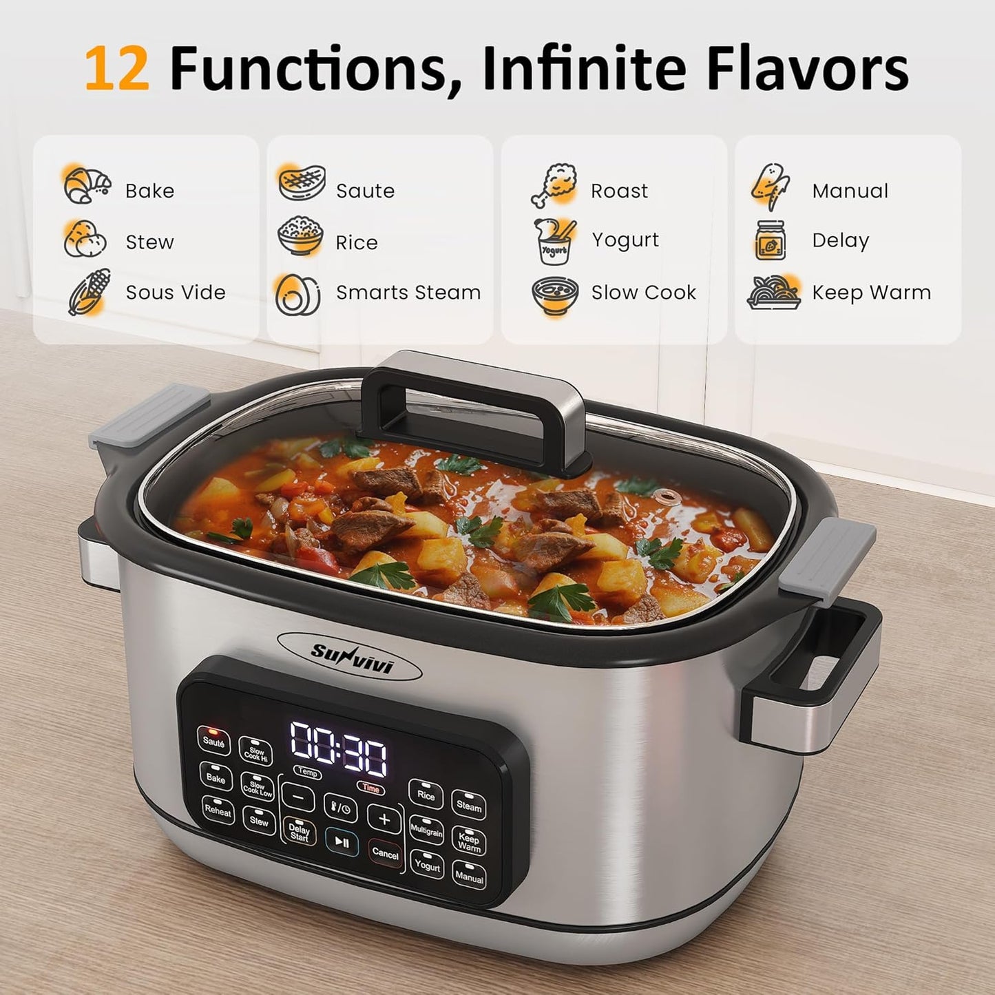 Royalcraft 12-in-1 Multi Slow Cooker Roaster Oven, 6.5QT Sliver Digital Programmable Slow Cooker with Rack, Large Removable Nonstick Crock, Glass Lid, Multicooker with Timer Temp Control, Delay Start