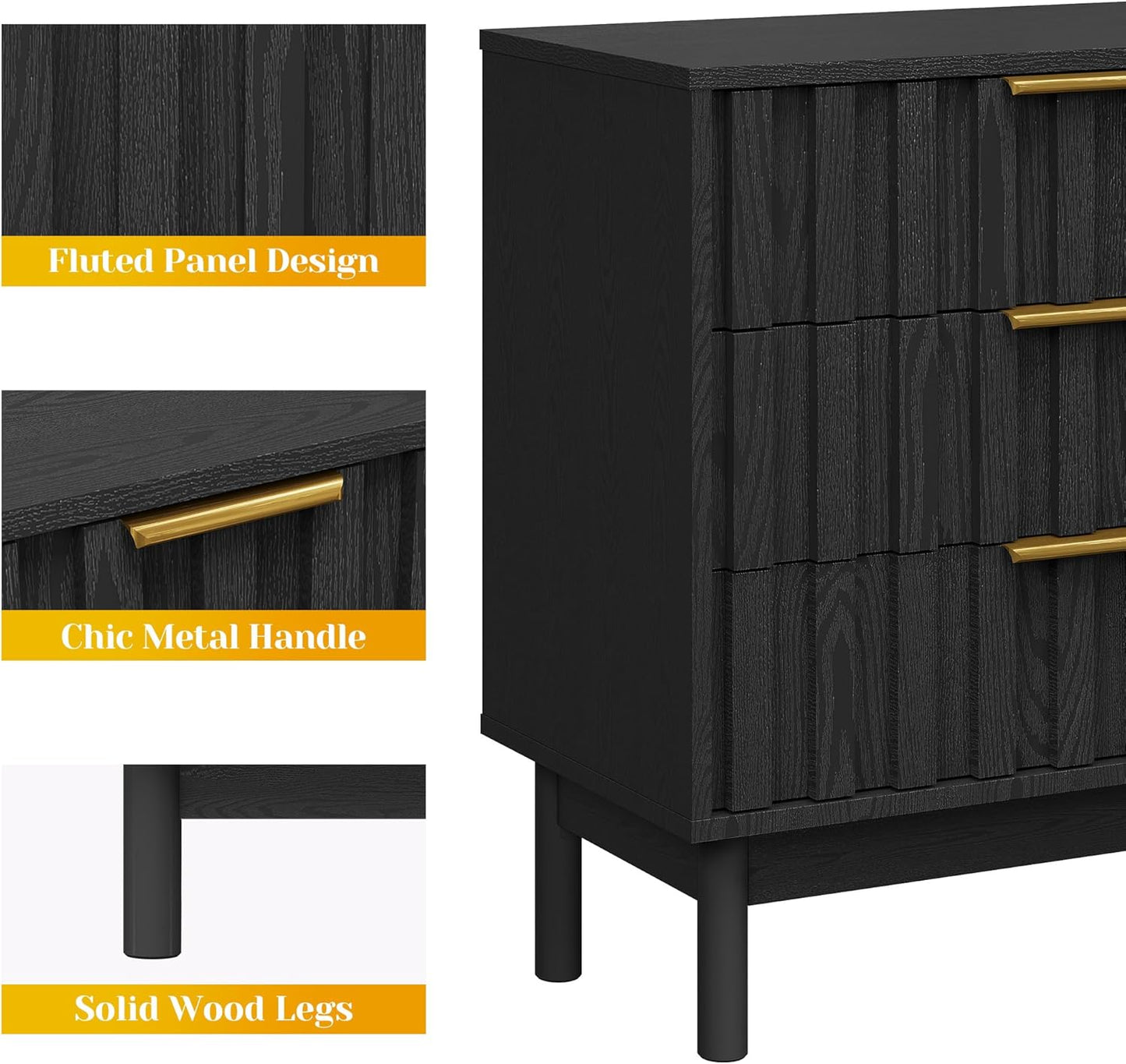 Royalcraft 3 Drawer Dresser, Modern Chest of Drawers with Fluted Panel Design, Wooden Storage Nightstand Side Table with Chic Edge Pull, Perfect for Bedroom, Living Room, Entryway