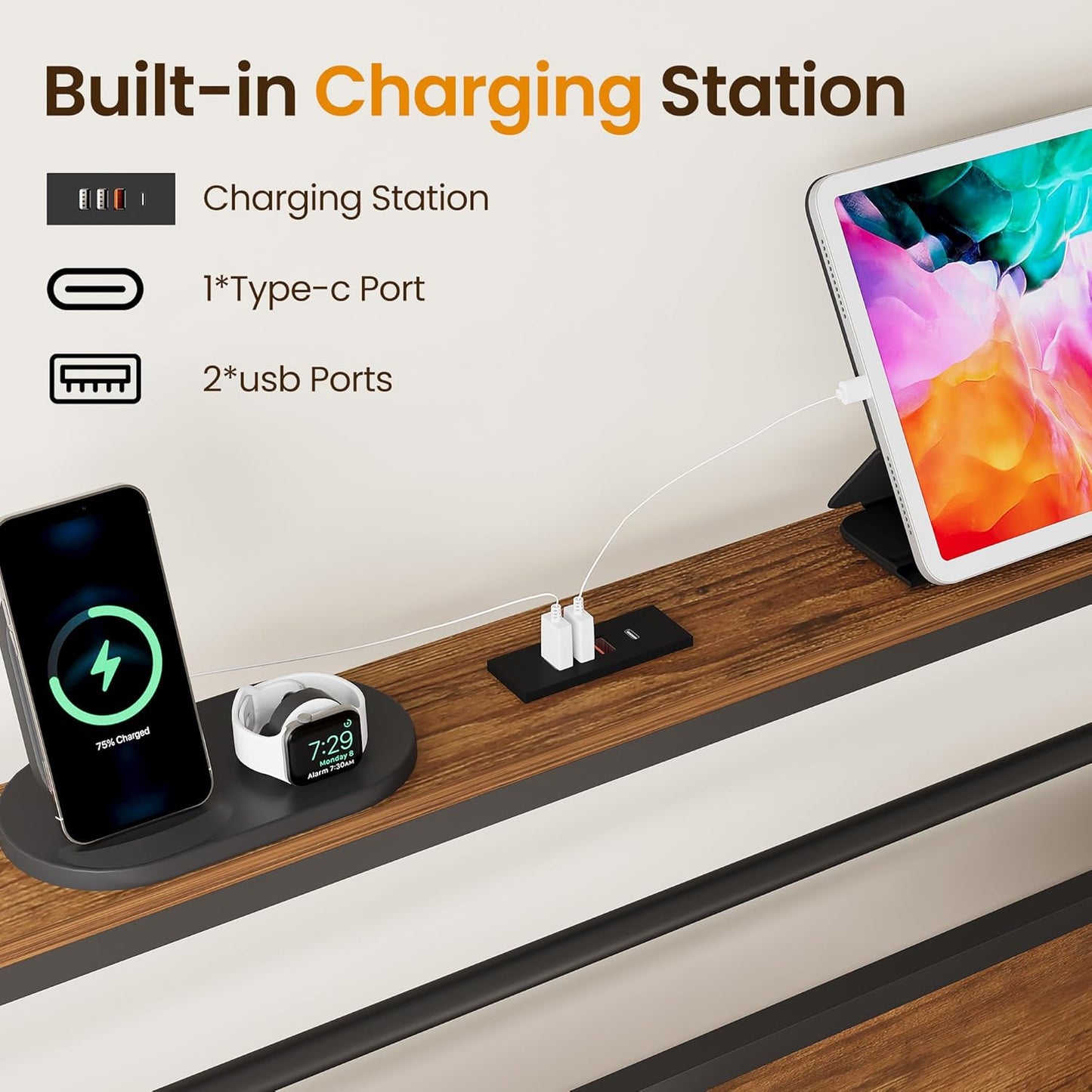 Royalcraft Bed Frame with Charging Station, Platform Bed with Metal Slats, Upholstered Headboard with Storage Shelves, No Box Spring Needed