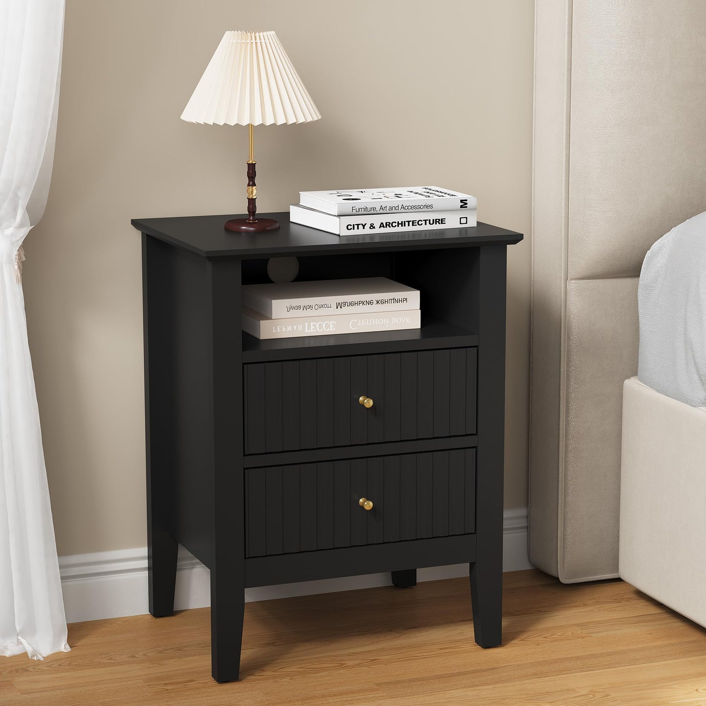 RoyalCraft Fluted Nightstand with 2 Drawers, Modern Wooden Sofa Table with Storage for Small Spaces, Tall End Table for Bedroom, Living Room, Couch Coffee Table