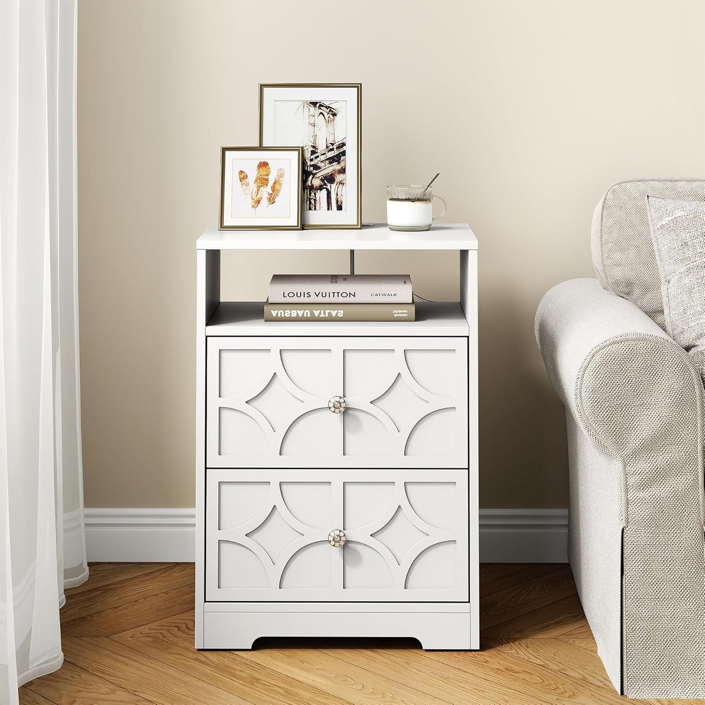 RoyalCraft Large Nightstand with 2 Drawers, Modern Side Table with Charging Station, Accent End Table with Diamond Carvings, Storage Cabinet for Living Room, Bedroom, Entryway