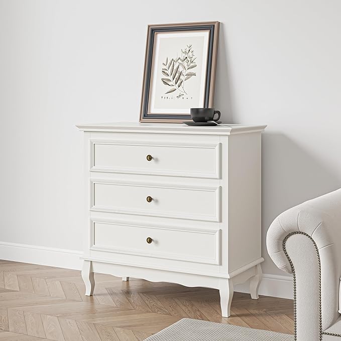 Royalcraft Dresser for Bedroom, Modern 3 Drawer Dresser with Solid Wood Legs and Painted Finish, White Chest of Drawers, Wooden Storage Closet Cabinet Organizer for Living Room, Nursery, Hallway