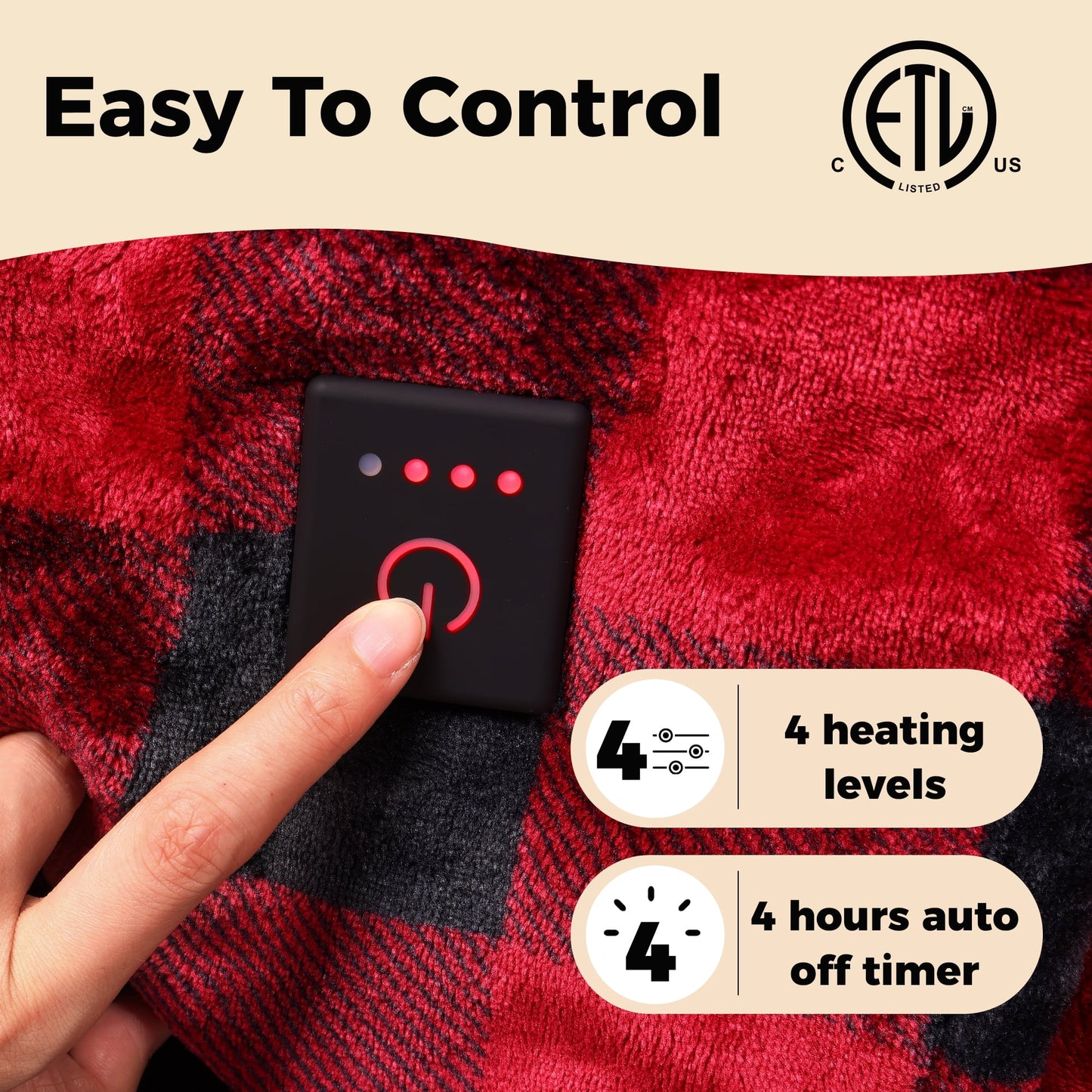 Royalcraft 50" x 60" Electric Blankets Heated Throw Soft Flannel Heating Blanket with 4 Hours Auto Off, 5 Years Warranty, ETL Certified, Machine Washable, Red & Black