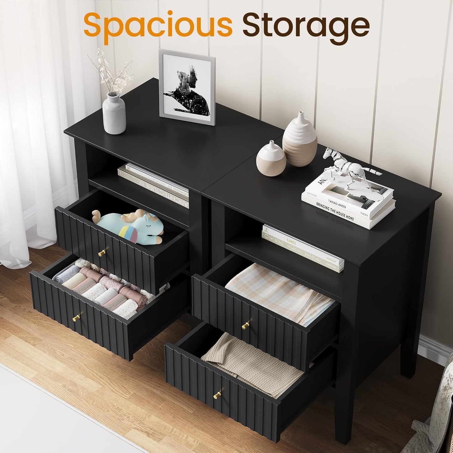 RoyalCraft Fluted Nightstand Set of 2, Modern Wooden Sofa Table with 2 Drawers for Small Spaces, Tall End Table for Bedroom, Living Room, Couch Coffee Table