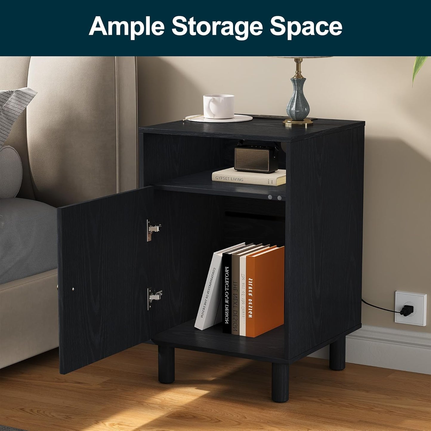 Royalcraft Nightstand with 1 Door, Modern Side Table with Charging Station,  Accent End Table with Solid Wood Legs, Bedside Table for Living Room, Bedroom, Entryway