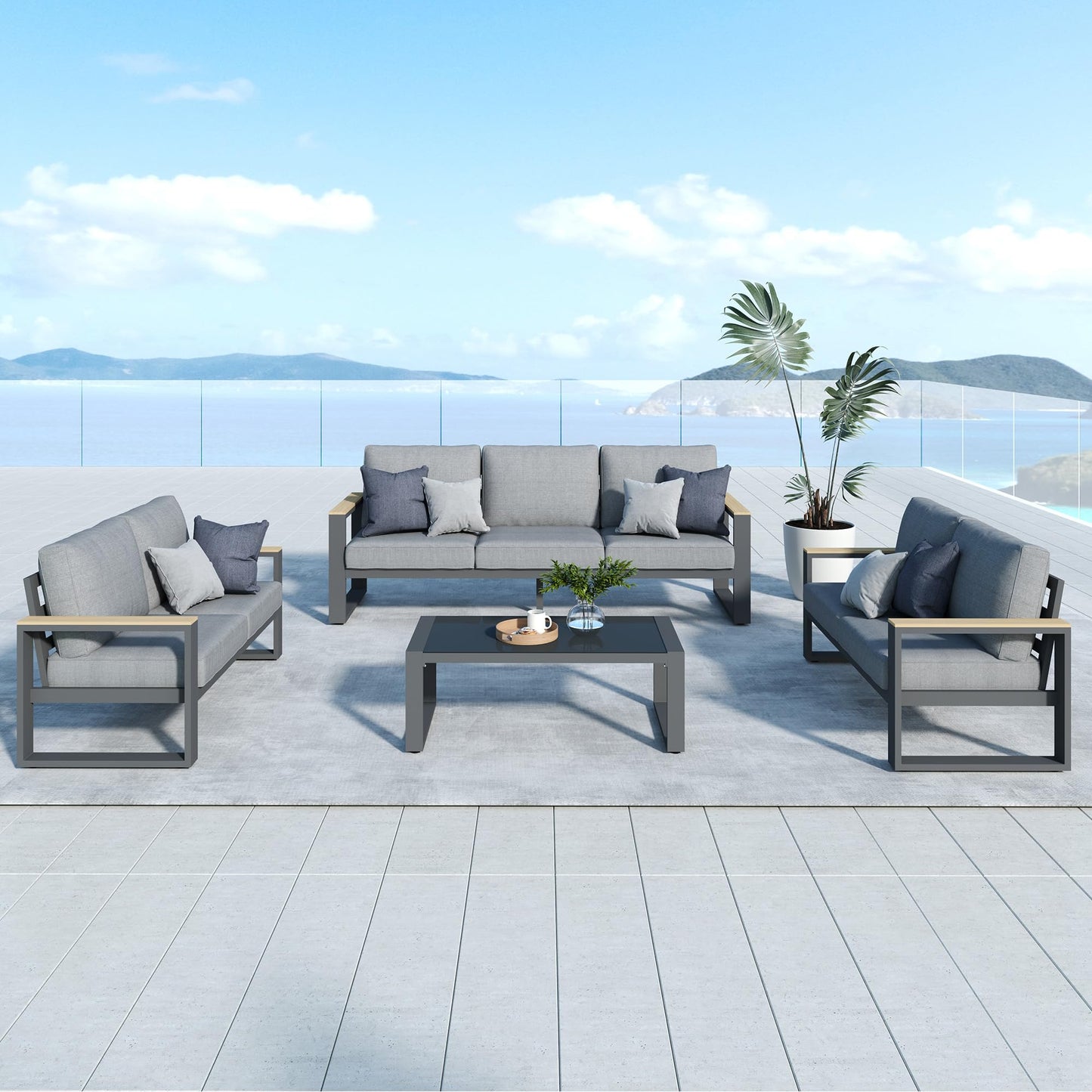 Aluminum Outdoor Patio Furniture Set with Height-adjustable Footrest for Lawn Porches Patio, 7-Seats All-weather Patio Sofa Sets with Coffee Table, Modern Outdoor Patio Conversation set, Grey