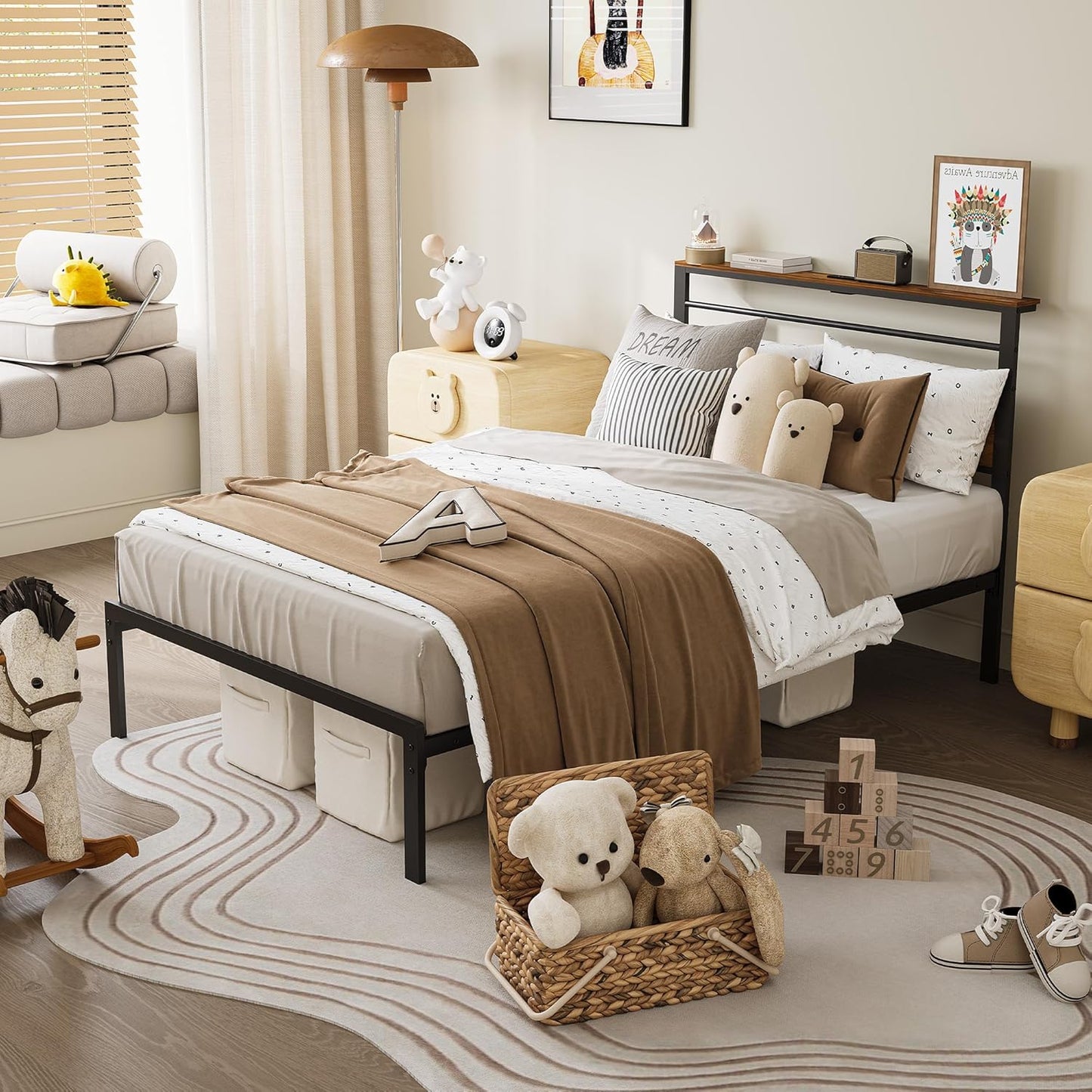 Royalcraft Bed Frame: Industrial Platform Bed w/ Wood Headboard, Storage Shelves, LED lights, and Steel Slats, No Box Spring Needed, Easy Assembly