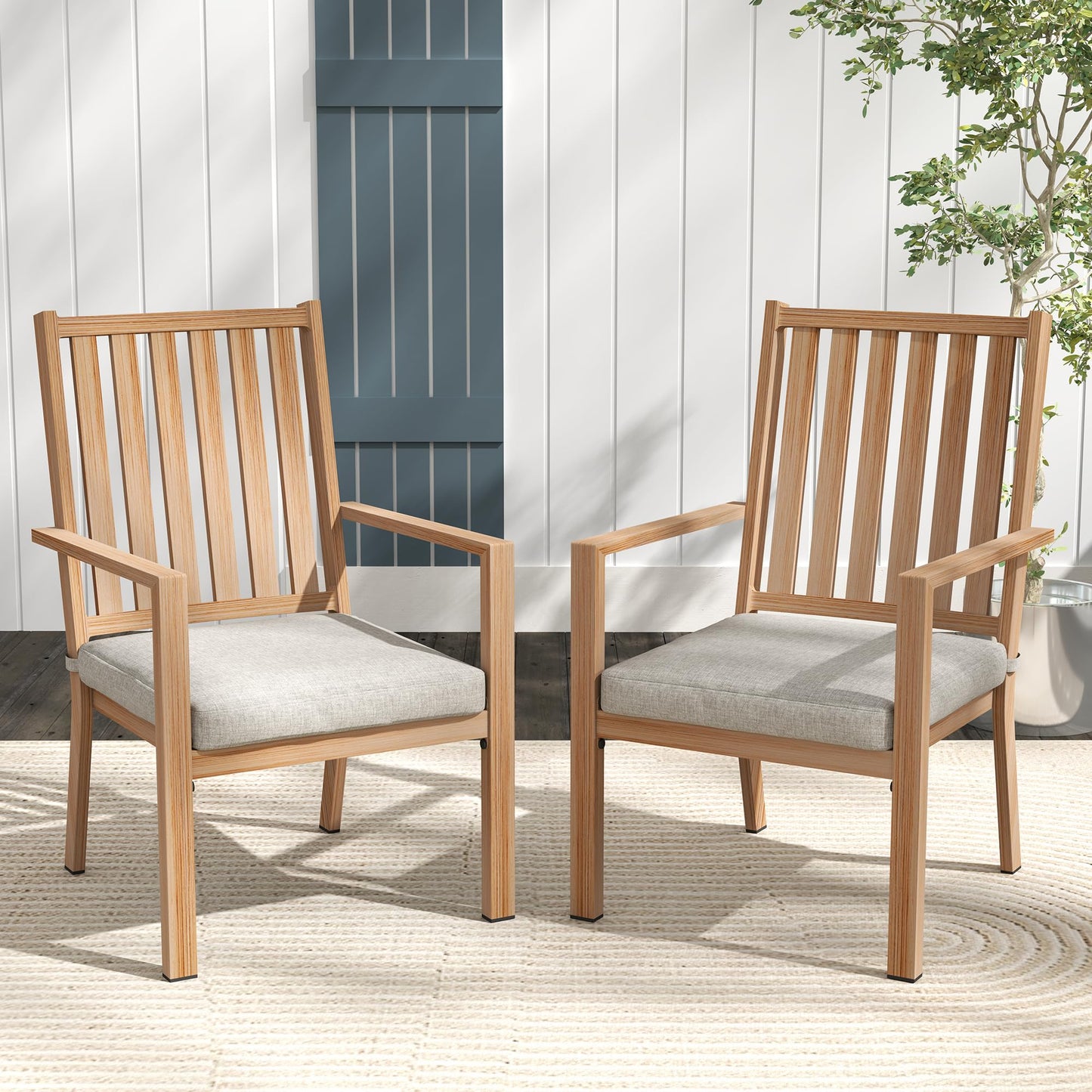 May in Color Patio Dining Chair Set of 4, Aluminum Outdoor Dining Chairs with Waterproof Cushions, Metal Outdoor Patio Furniture Seating for Porch, Balcony, Deck, Backyard, Light Wood Color