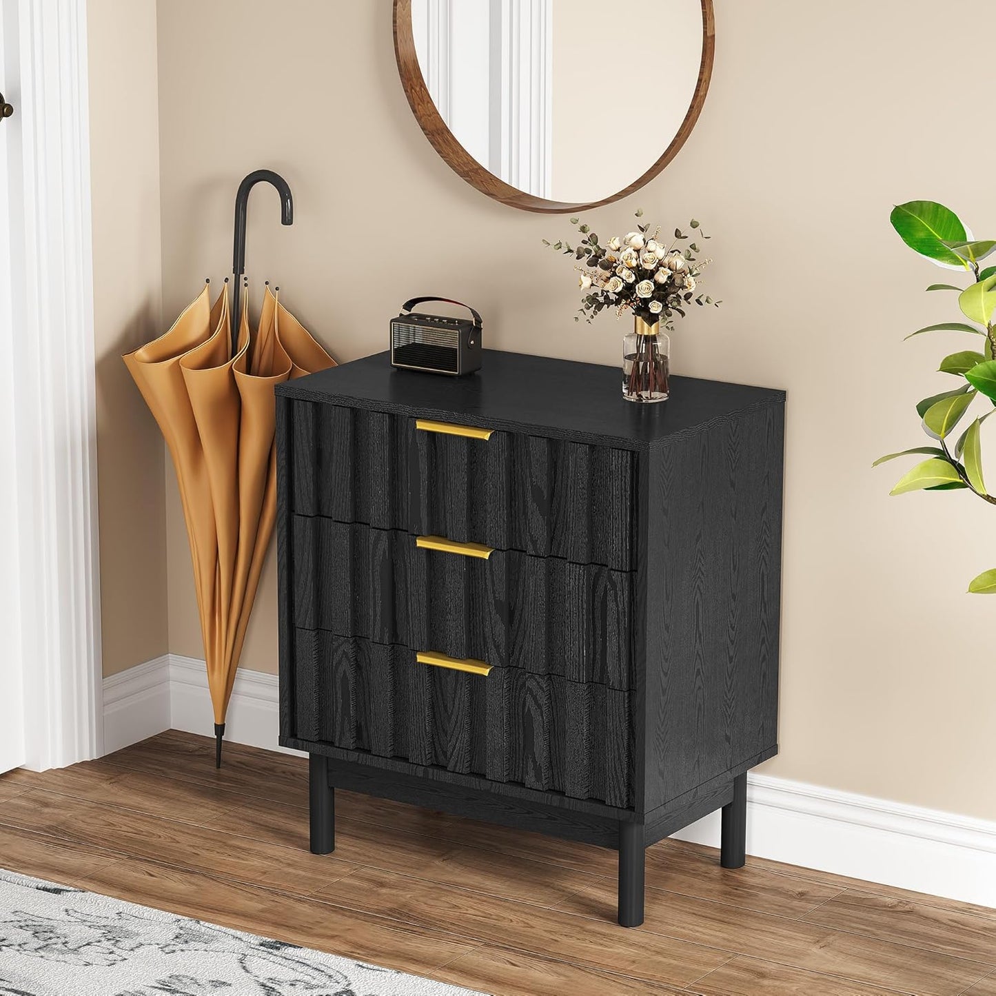 Royalcraft 3 Drawer Dresser, Modern Chest of Drawers with Fluted Panel Design, Wooden Storage Nightstand Side Table with Chic Edge Pull, Perfect for Bedroom, Living Room, Entryway