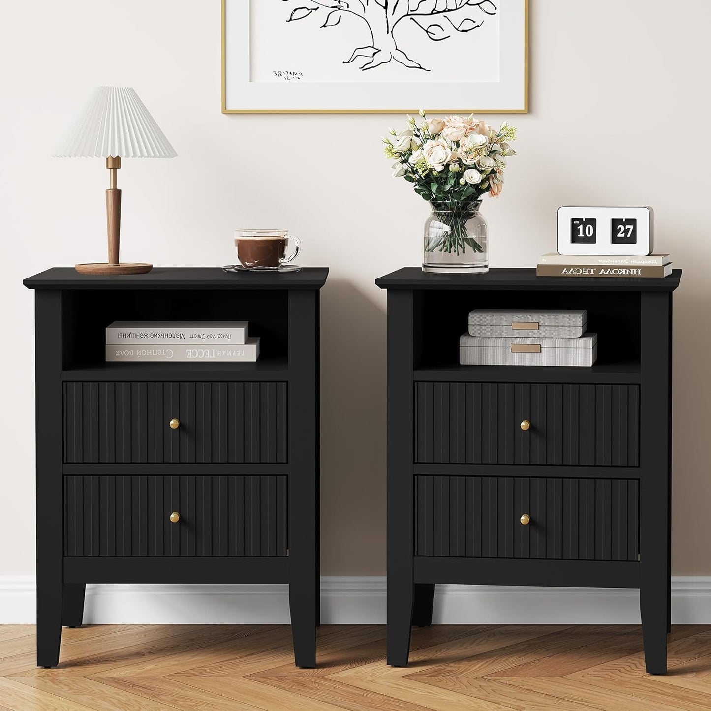 RoyalCraft Fluted Nightstand Set of 2, Modern Wooden Sofa Table with 2 Drawers for Small Spaces, Tall End Table for Bedroom, Living Room, Couch Coffee Table