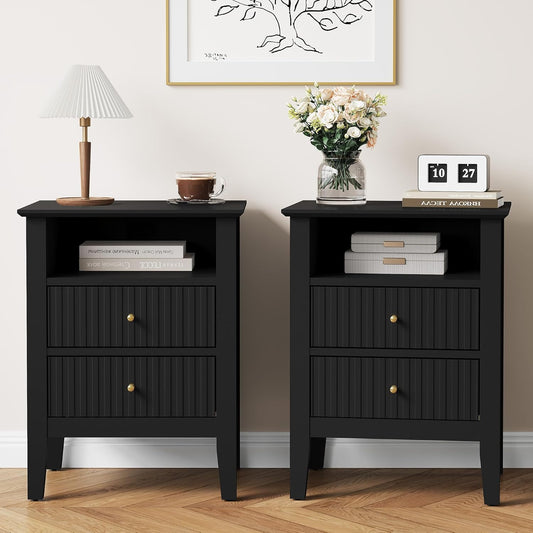 RoyalCraft Fluted Nightstand Set of 2, Modern Wooden Sofa Table with 2 Drawers for Small Spaces, Tall End Table for Bedroom, Living Room, Couch Coffee Table