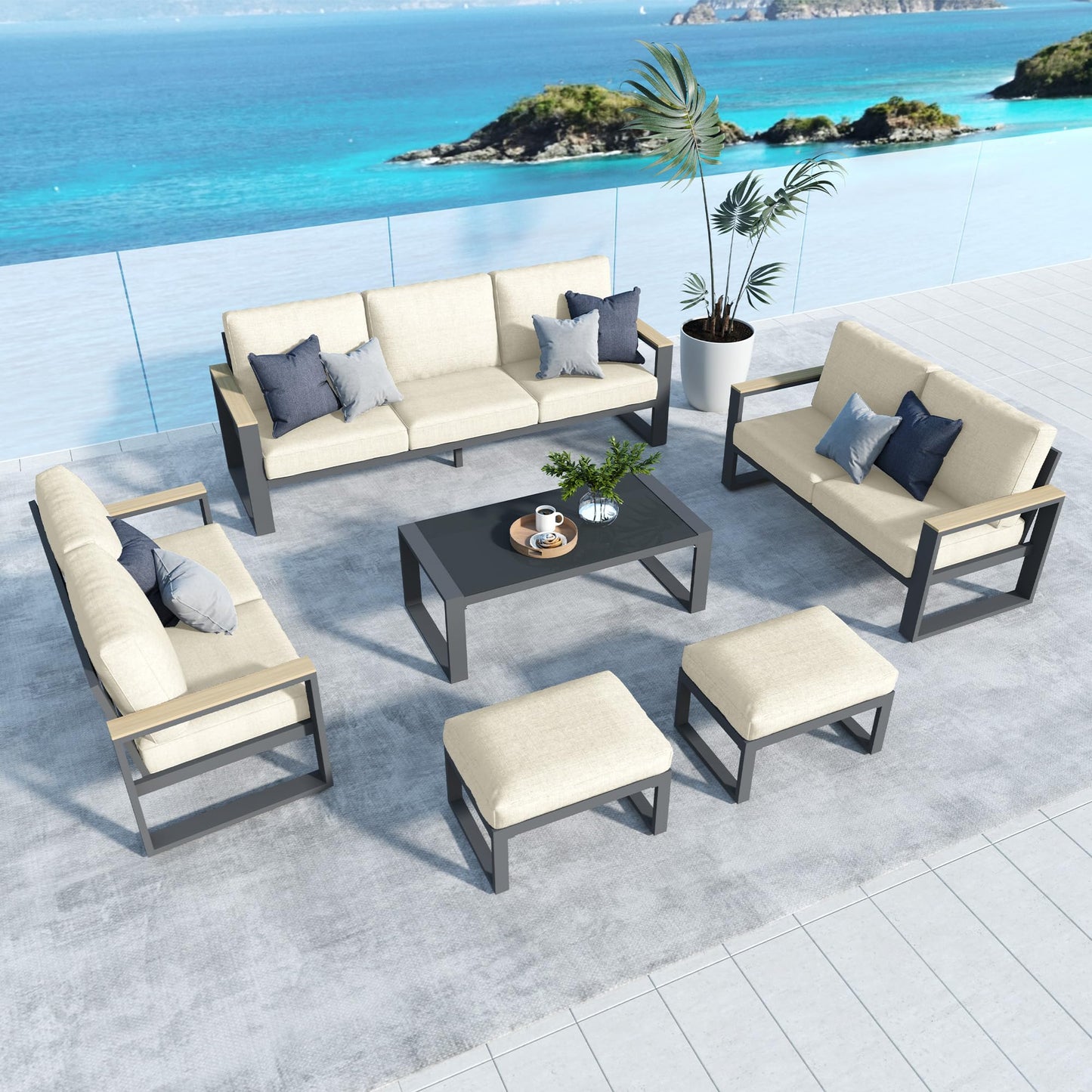 May in Color Aluminum Patio Furniture, 6 Piece Metal Outdoor Furniture Set with Coffee Table & Ottomans, Modern Patio Sofa Sets Outdoor Conversation Set for Pool Garden Porch Backyard, Beige