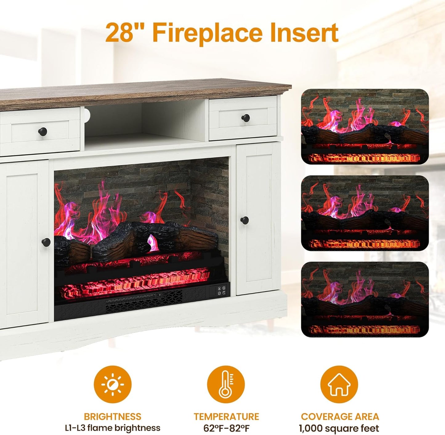 RoyalCraft TV Stand with 28'' Fireplace for TVs up to 55'', Media Console Table with Adjustable Shelves, Double-door Design, Entertainment Center for Living Room, Bedroom