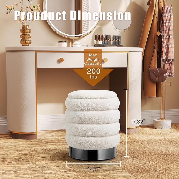 RoyalCraft 21.5Qt Storage Ottoman, Versatile Footrest Stool with Stainless Steel Base, Modern Round Vanity Stool Chair Foot Stools, Support 200lbs Padded Seat, for Living Room, Bedroom, Beige