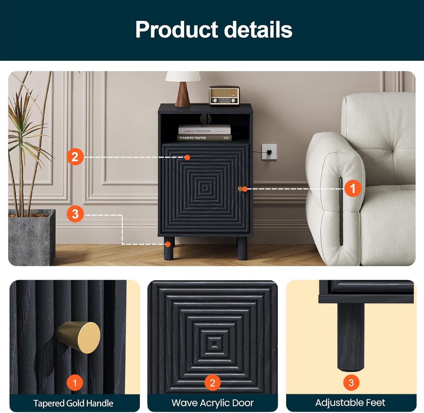 Royalcraft Nightstand Set of 2, Modern Side Table with Charging Station,  Accent End Table with Solid Wood Legs, Bedside Table for Living Room, Bedroom, Entryway