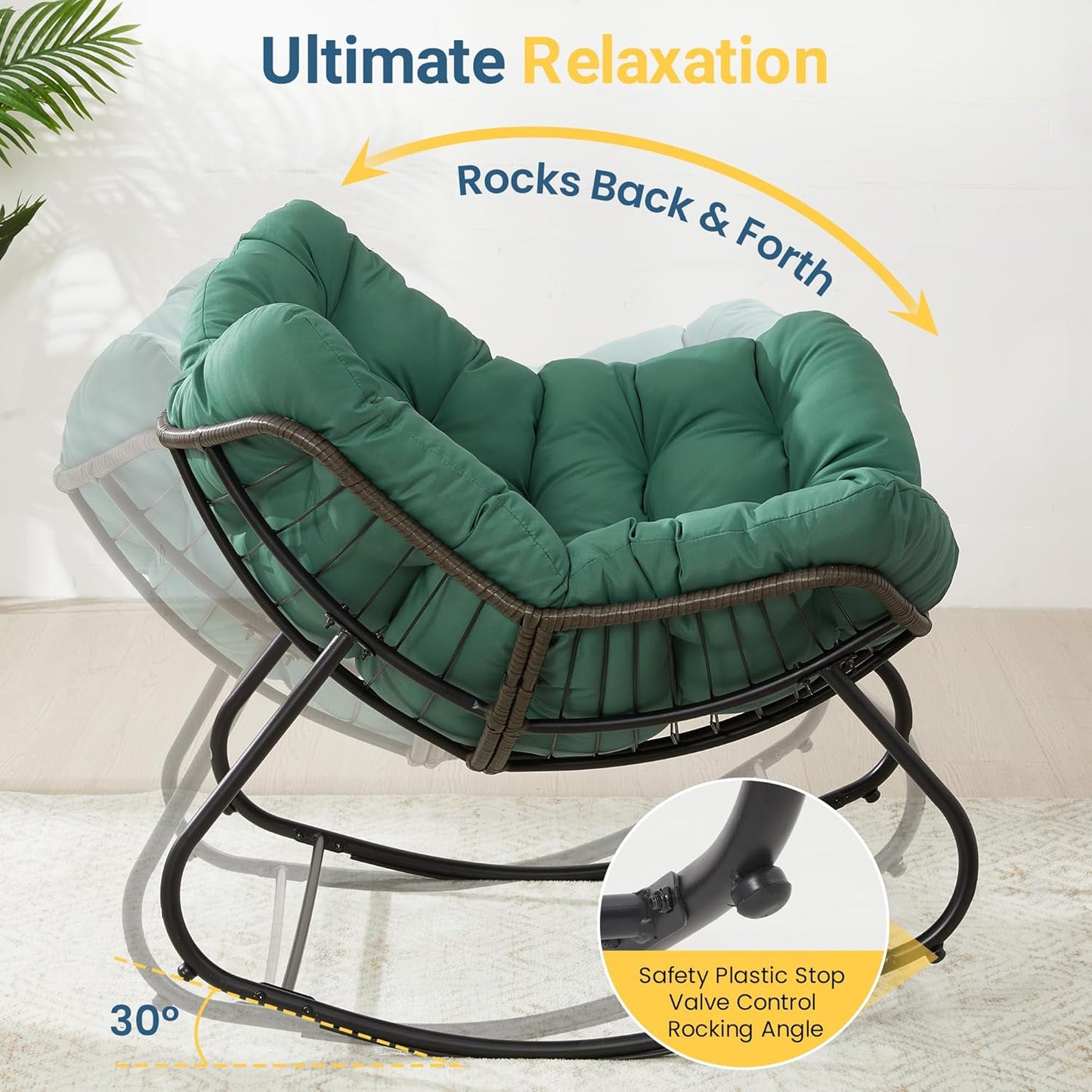 RoyalCraft Patio Rocking Chair with Ottoman and Cushions, Patio Wicker Egg Chair for Outdoor & Indoor, Oversized Papasan Chair, Outdoor Lounge Recliner Chair for Garden, Porch