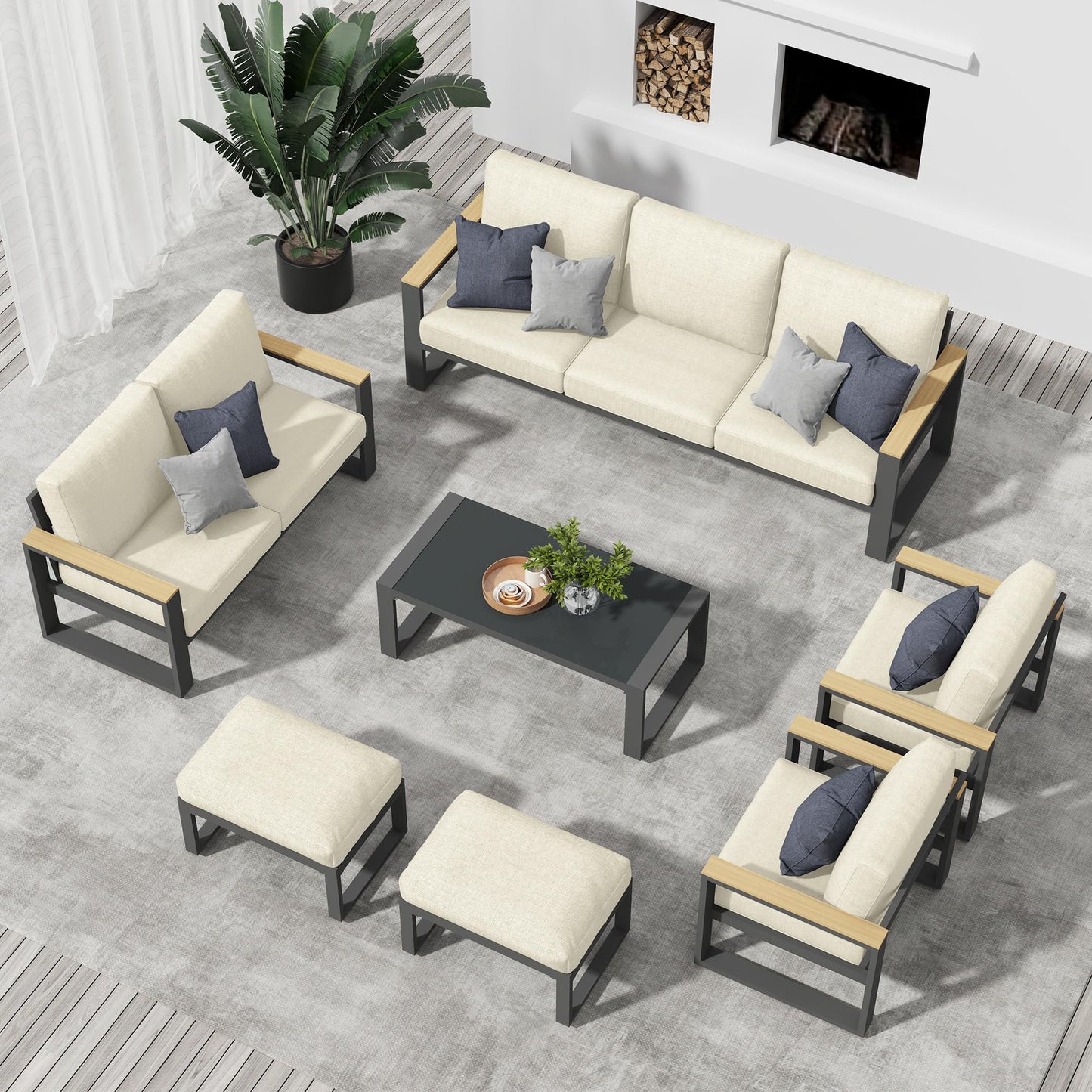 CozyHome Aluminum Patio Furniture, 7 Piece Metal Outdoor Furniture Set with Coffee Table & Ottomans, Modern Patio Sofa Sets Outdoor Conversation Set for Pool Garden Porch Backyard, Beige