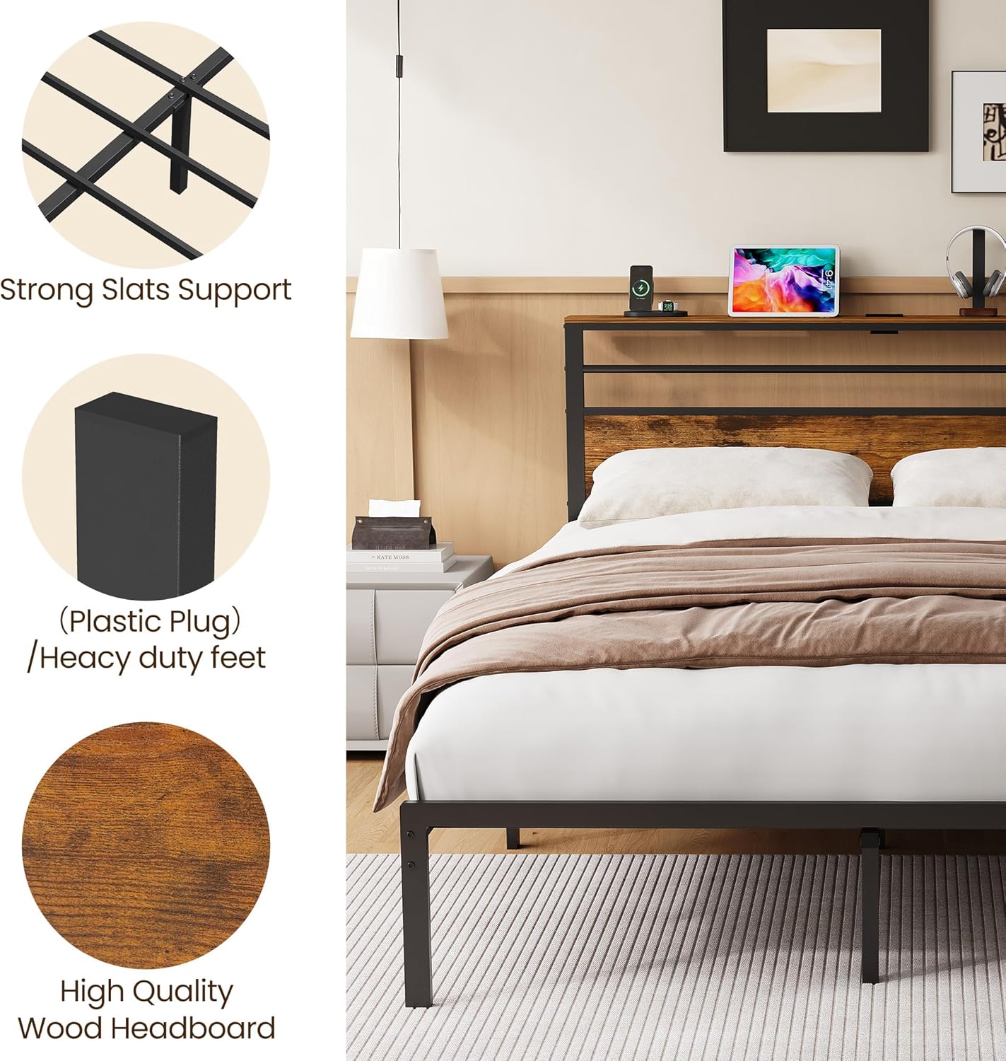 Royalcraft Bed Frame: Industrial Platform Bed w/ Wood Headboard, Storage Shelves, LED lights, and Steel Slats, No Box Spring Needed, Easy Assembly