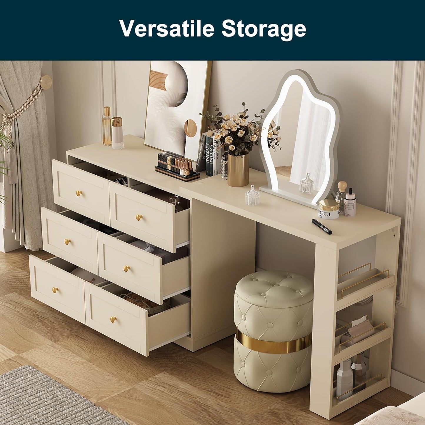 Royalcraft 6-Drawer Extendable Corner Vanity Table and Dresser Combo with 3 Side Shelves, Makeup Vanity Desk, Wood Dressing Table for Bedroom, Dressing Room