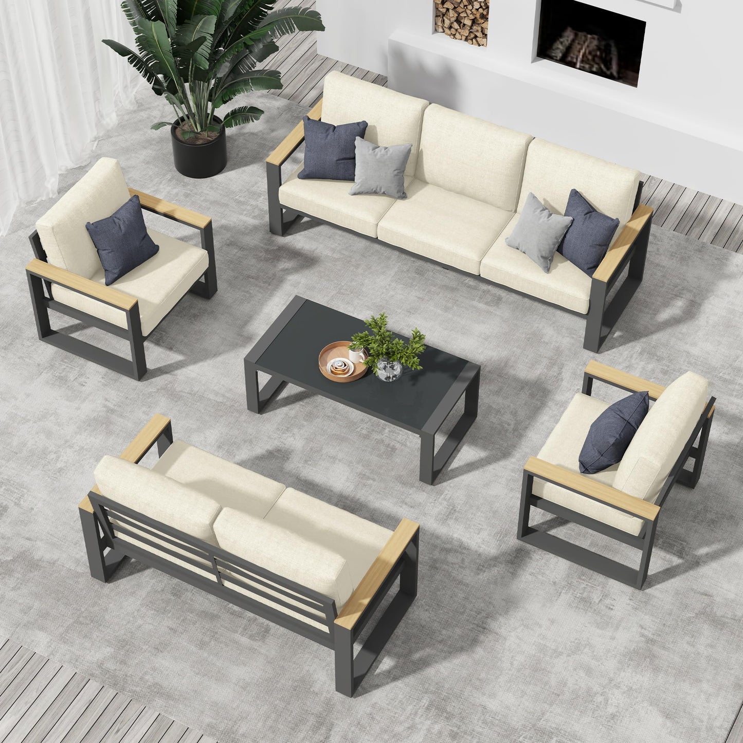 CozyHome Aluminum Patio Furniture, 7-Seats Metal Outdoor Furniture Set with Coffee Table, Modern Patio Sofa Sets Outdoor Conversation Set for Pool Garden Porch Backyard, Beige