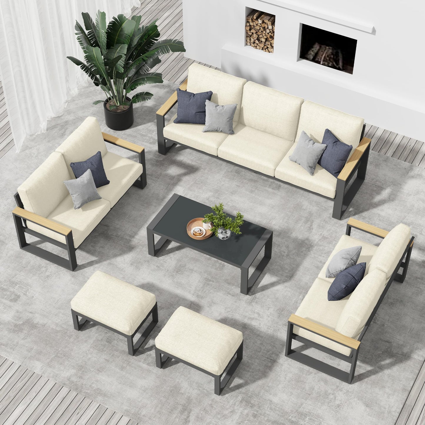 May in Color Aluminum Patio Furniture, 6 Piece Metal Outdoor Furniture Set with Coffee Table & Ottomans, Modern Patio Sofa Sets Outdoor Conversation Set for Pool Garden Porch Backyard, Beige