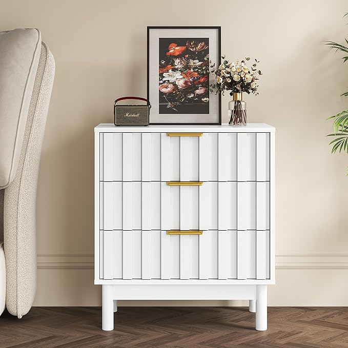 Royalcraft 3 Drawer Dresser, Modern Chest of Drawers with Fluted Panel Design, Wooden Storage Nightstand Side Table with Chic Edge Pull, Perfect for Bedroom, Living Room, Entryway