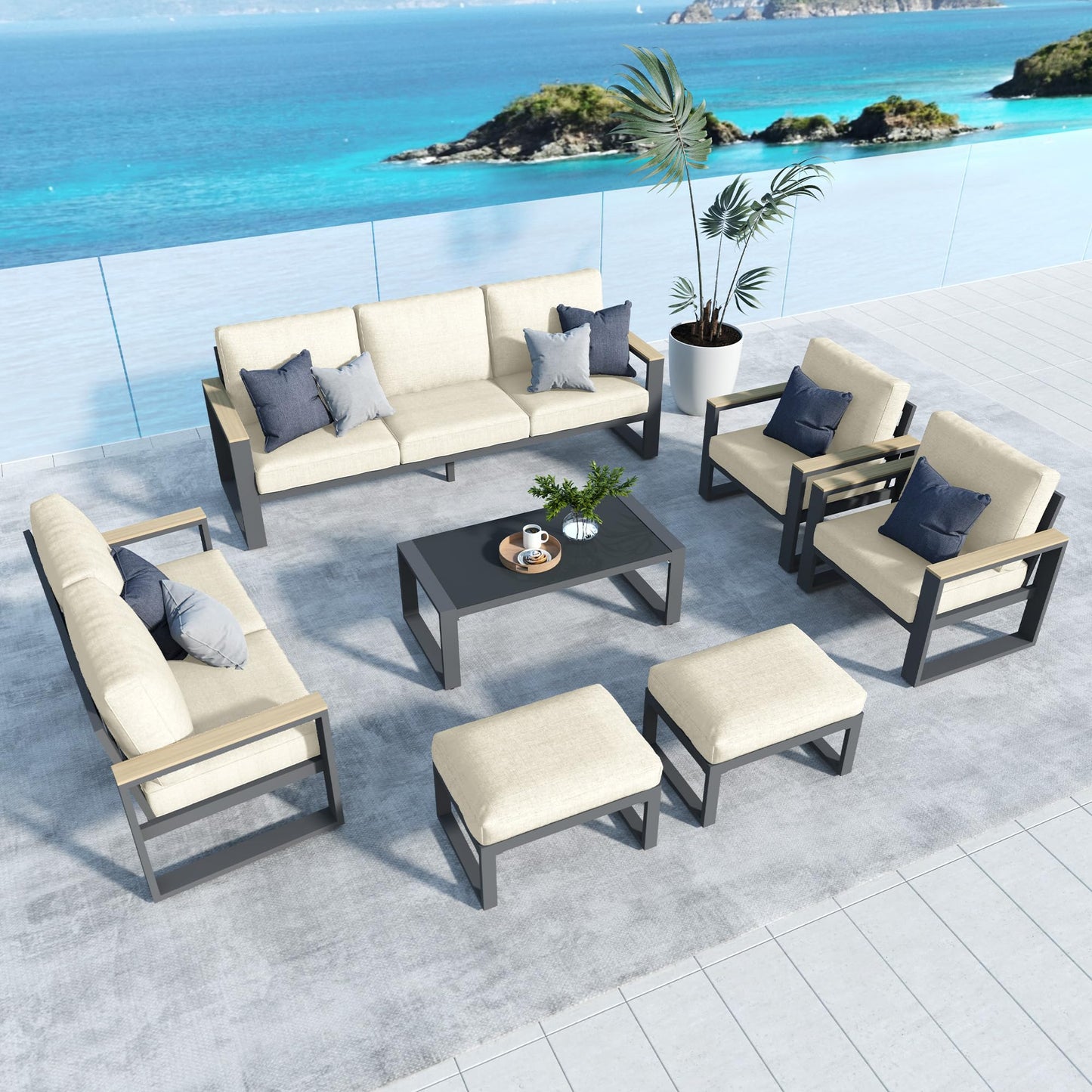 CozyHome Aluminum Patio Furniture, 7 Piece Metal Outdoor Furniture Set with Coffee Table & Ottomans, Modern Patio Sofa Sets Outdoor Conversation Set for Pool Garden Porch Backyard, Beige