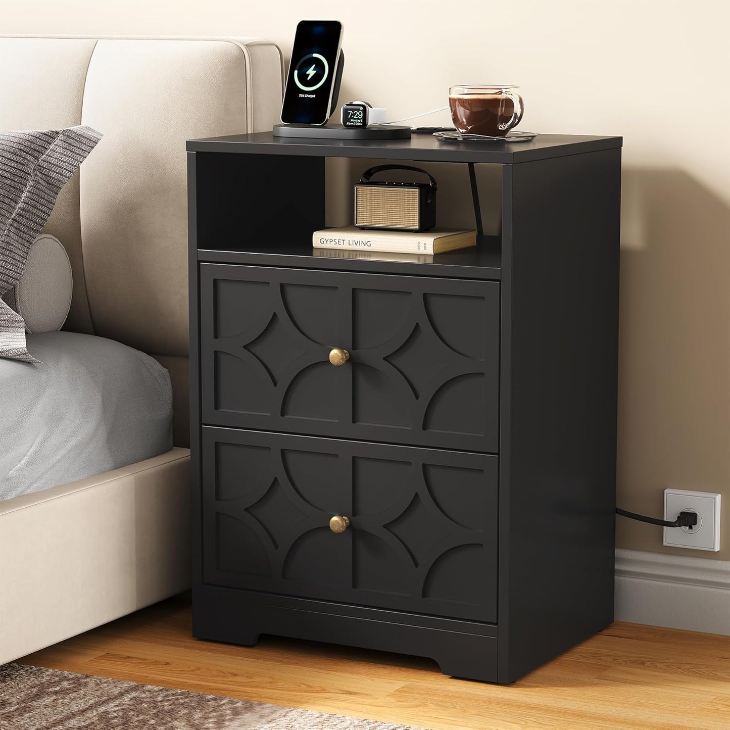 RoyalCraft Large Nightstand with 2 Drawers, Modern Side Table with Charging Station, Accent End Table with Diamond Carvings, Storage Cabinet for Living Room, Bedroom, Entryway