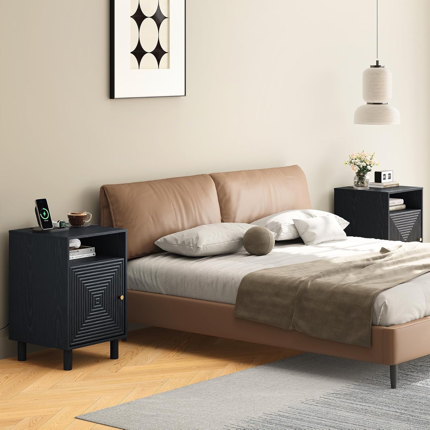 Royalcraft Nightstand Set of 2, Modern Side Table with Charging Station,  Accent End Table with Solid Wood Legs, Bedside Table for Living Room, Bedroom, Entryway