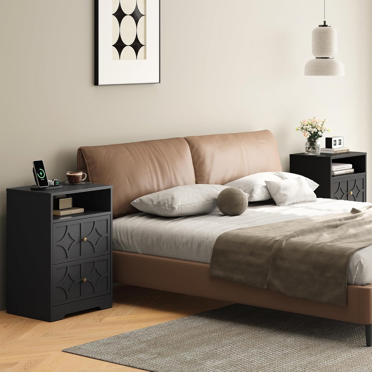 RoyalCraft Large Nightstand with 2 Drawers, Modern Side Table with Charging Station, Accent End Table with Diamond Carvings, Storage Cabinet for Living Room, Bedroom, Entryway, Set of 2