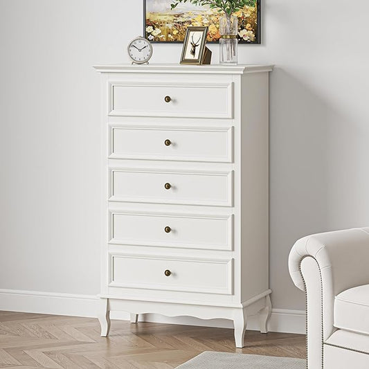 Royalcraft Dresser for Bedroom, Modern 5 Drawer Dresser with Solid Wood Legs and Painted Finish, Tall Chest of Drawers, Wooden Storage Cabinet Organizer for Living Room, Nursery, Hallway, Entryway