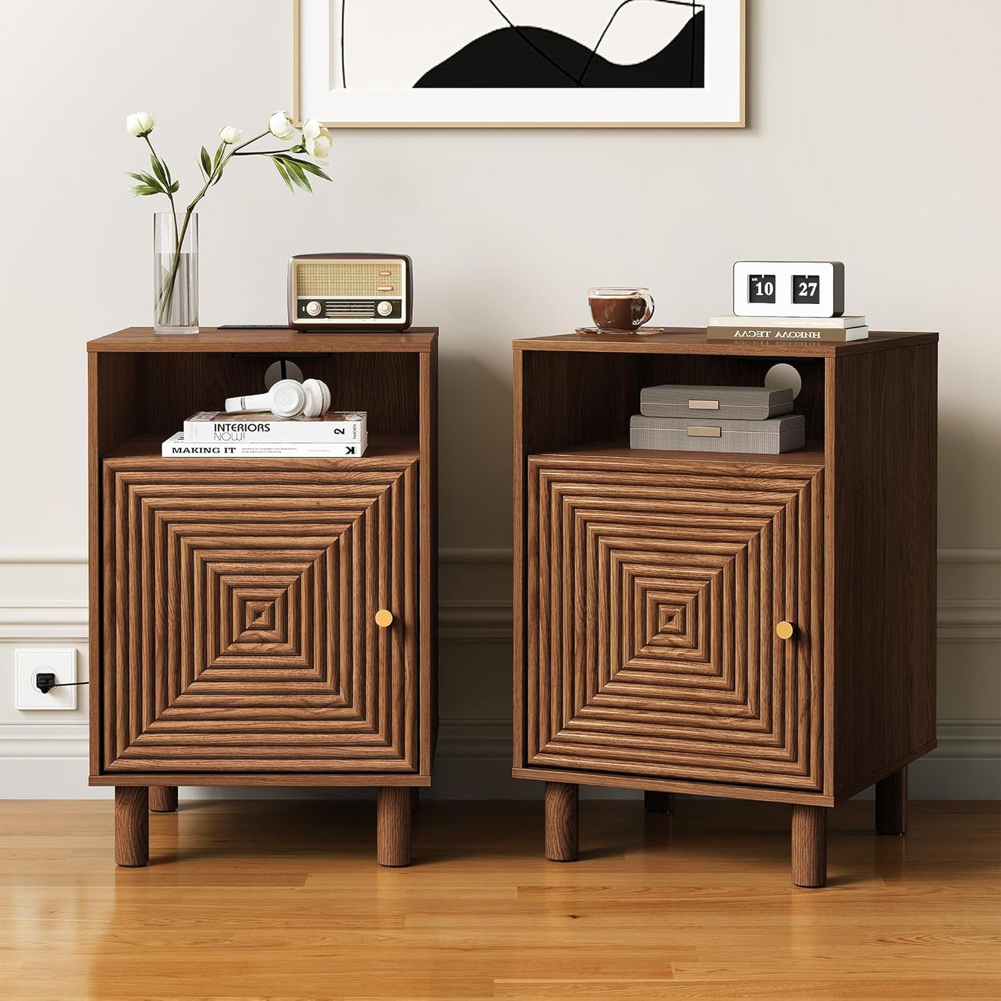 Royalcraft Nightstand Set of 2, Modern Side Table with Charging Station,  Accent End Table with Solid Wood Legs, Bedside Table for Living Room, Bedroom, Entryway