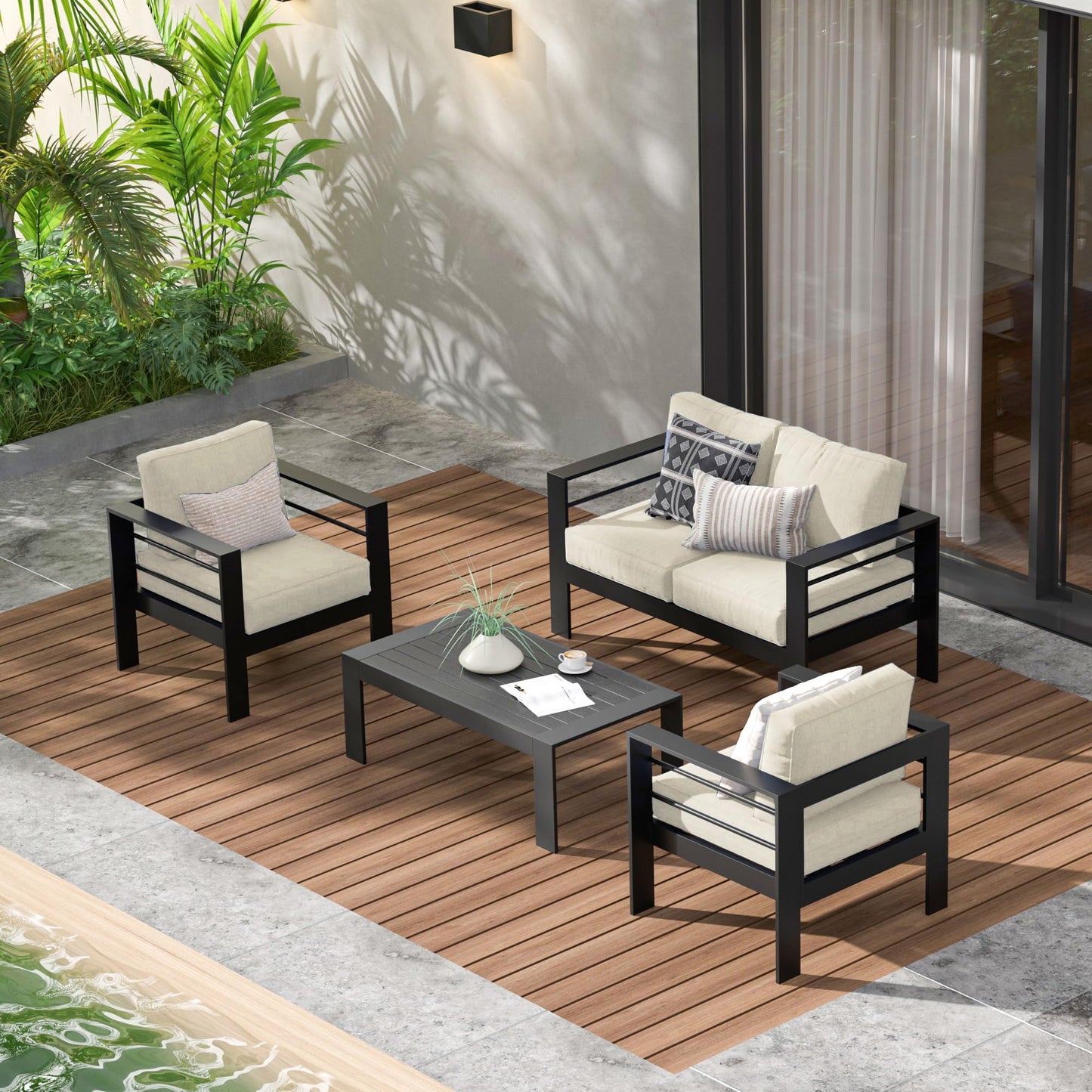 CozyHome Aluminum Outdoor Patio Furniture Set, 4 Pieces Modern Patio Sectional Sofa Conversation Set, Outdoor Seating Set with Coffee Table for Deck Garden Backyard, Beige