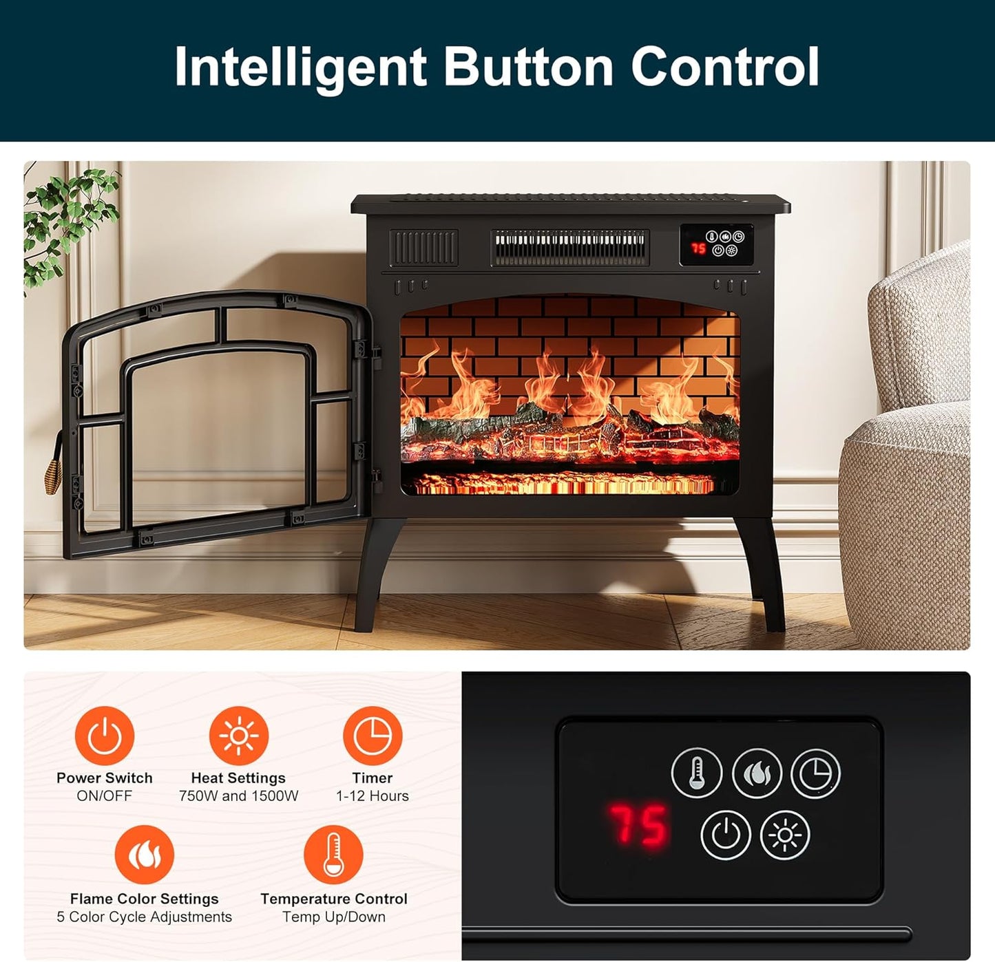 Royalcraft Freestanding Electric Fireplace Heater, Portable Electric Stove with Realistic 3D Flame Effect and Infrared Heating, Classic Mantel Design for Living Room and Bedroom