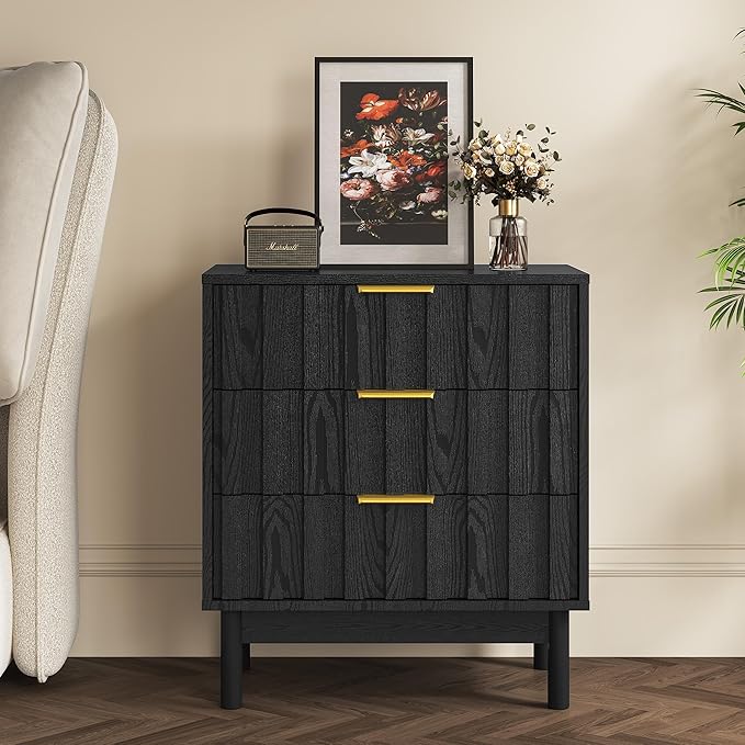 Royalcraft 3 Drawer Dresser, Modern Chest of Drawers with Fluted Panel Design, Wooden Storage Nightstand Side Table with Chic Edge Pull, Perfect for Bedroom, Living Room, Entryway