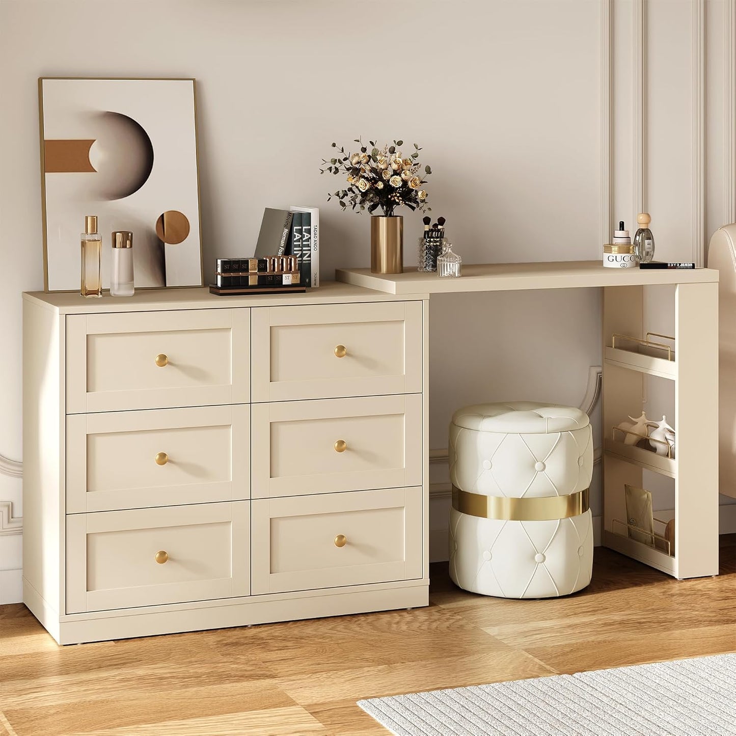 Royalcraft 6-Drawer Extendable Corner Vanity Table and Dresser Combo with 3 Side Shelves, Makeup Vanity Desk, Wood Dressing Table for Bedroom, Dressing Room