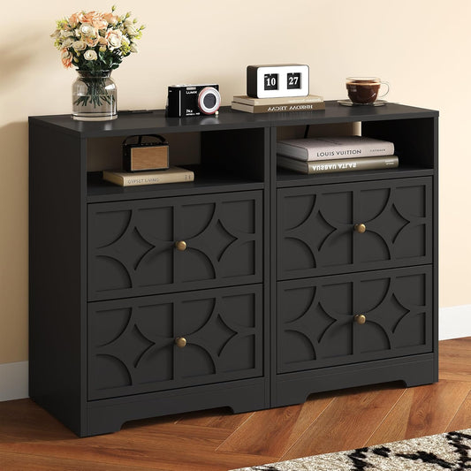 RoyalCraft Large Nightstand with 2 Drawers, Modern Side Table with Charging Station, Accent End Table with Diamond Carvings, Storage Cabinet for Living Room, Bedroom, Entryway, Set of 2